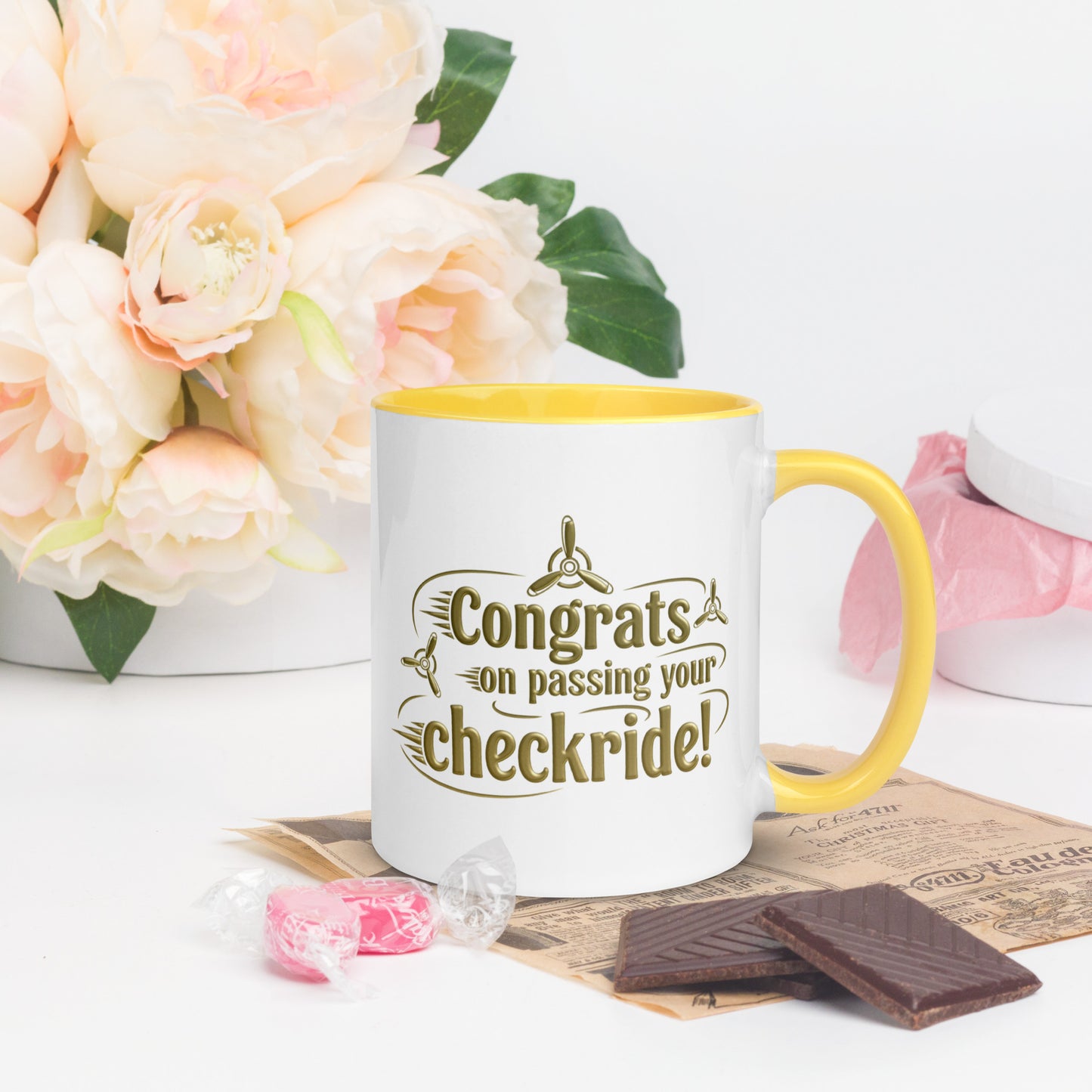 Congrats on passing your checkride! (v3. gold) mug with color inside