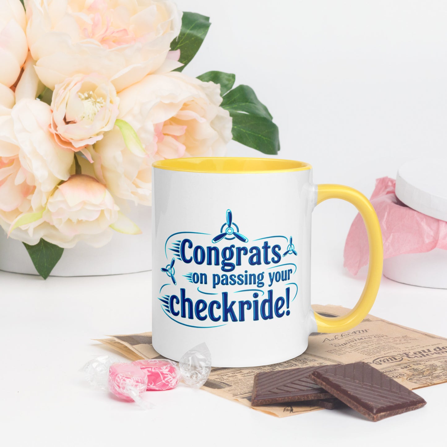 Congrats on passing your checkride! (v3. blue) mug with color inside