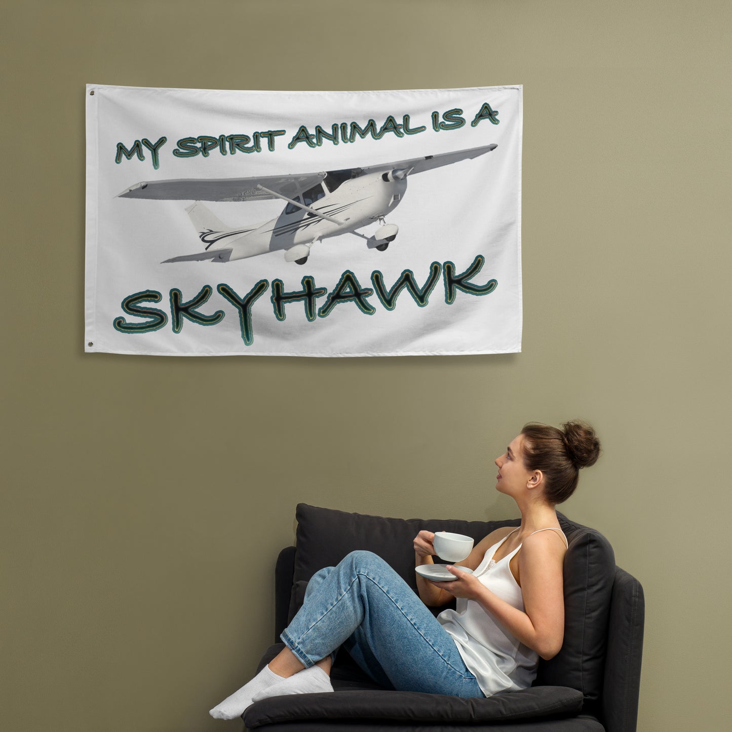 My Spirit Animal is a Skyhawk - flag (d. green)