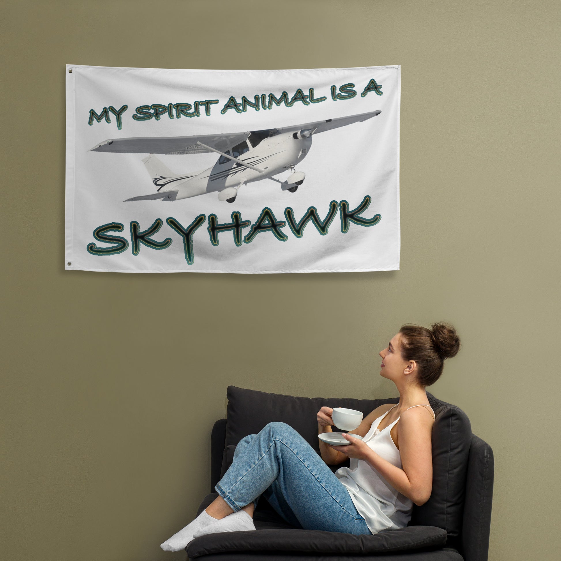 My Spirit Animal is a Skyhawk - flag (d. green)