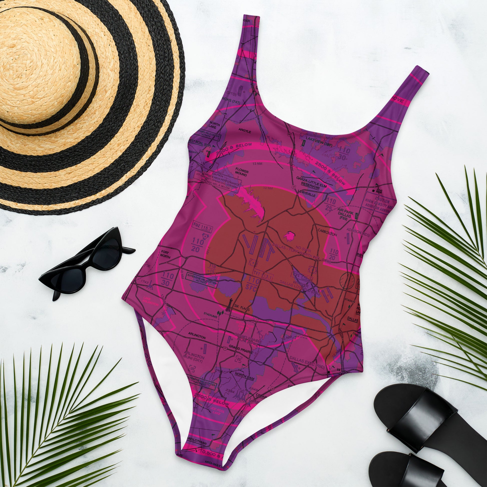 Dallas - Ft. Worth Flyway Chart one-piece swimsuit (purple)