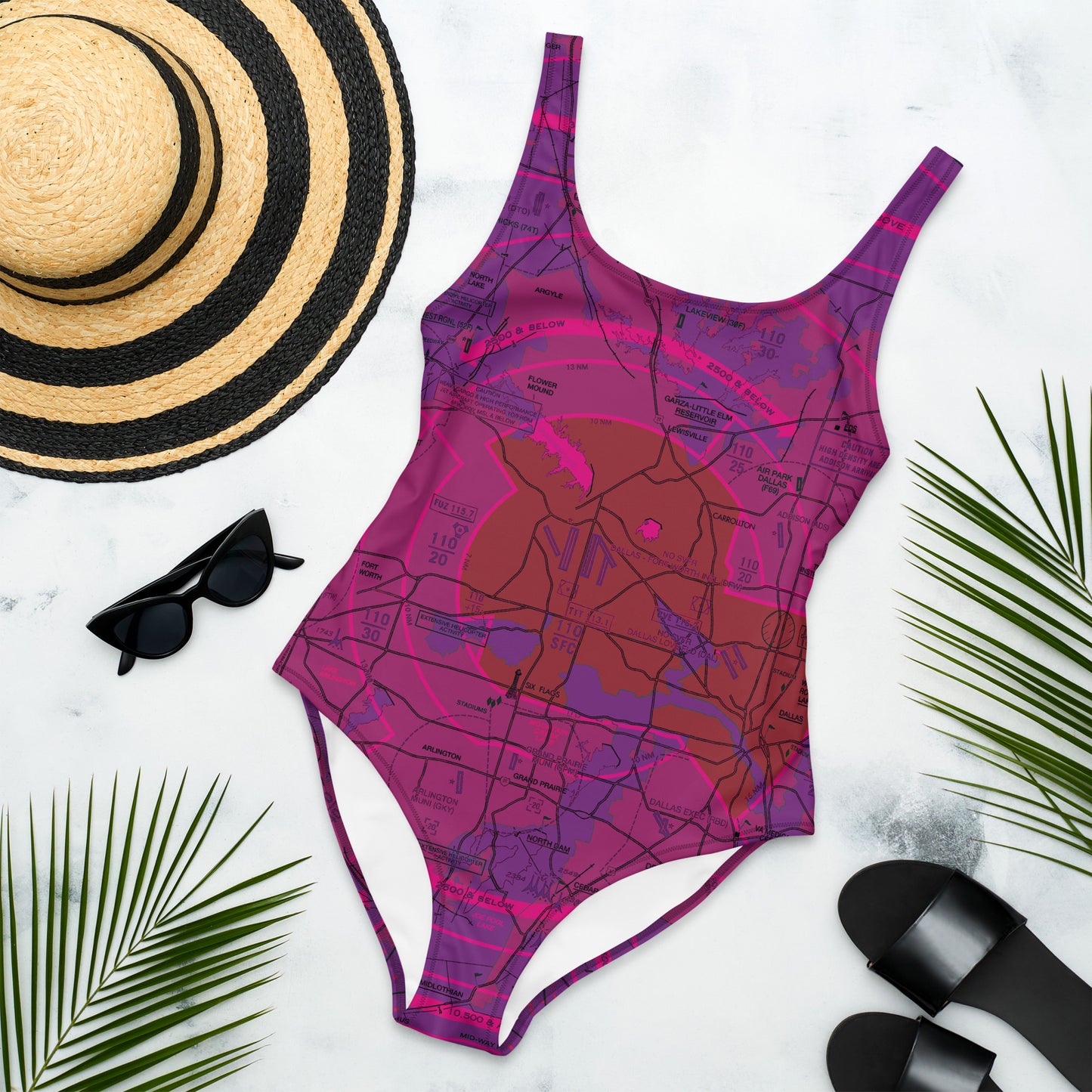 Dallas - Ft. Worth Flyway Chart one-piece swimsuit (purple)