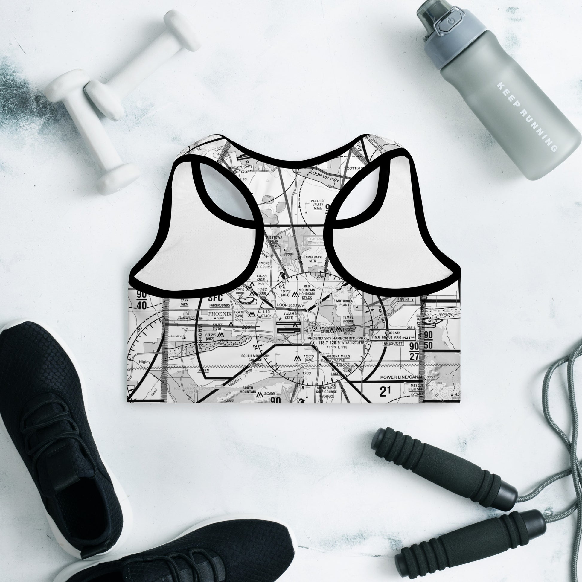 Aeronautical Chart padded sports bra (PHX/b&w)