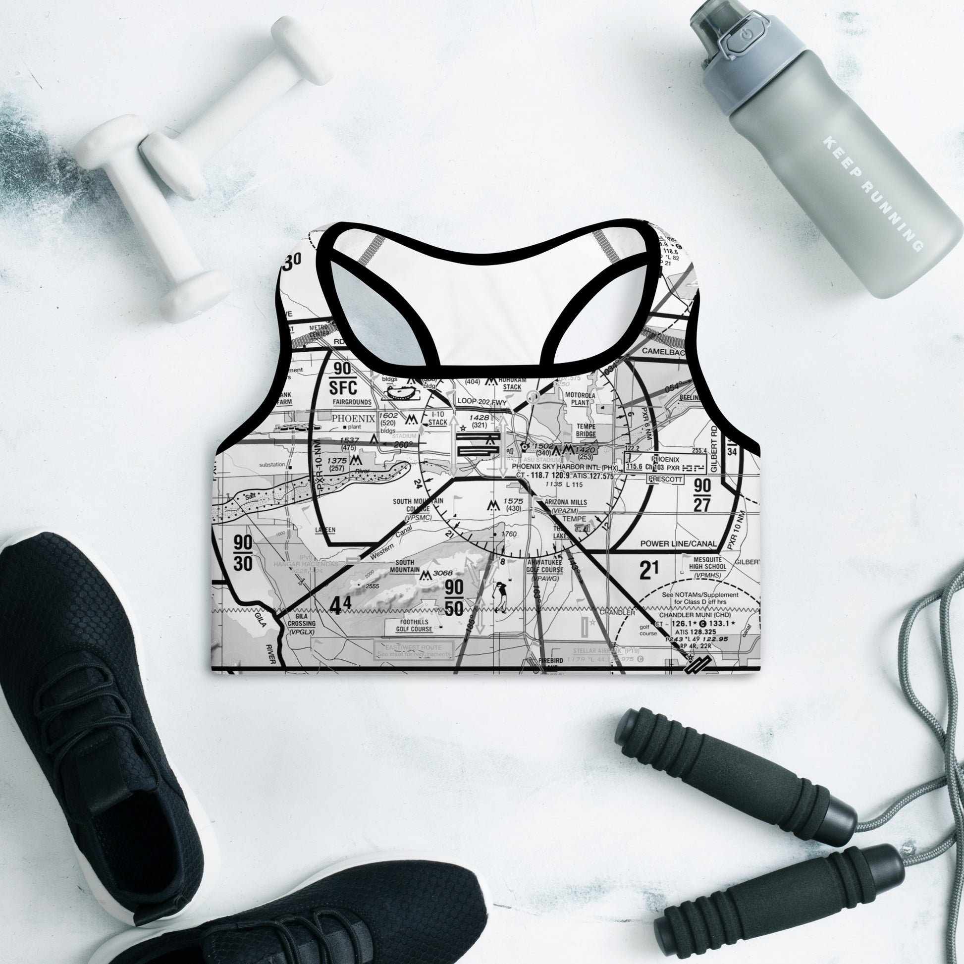 Aeronautical Chart padded sports bra (PHX/b&w)