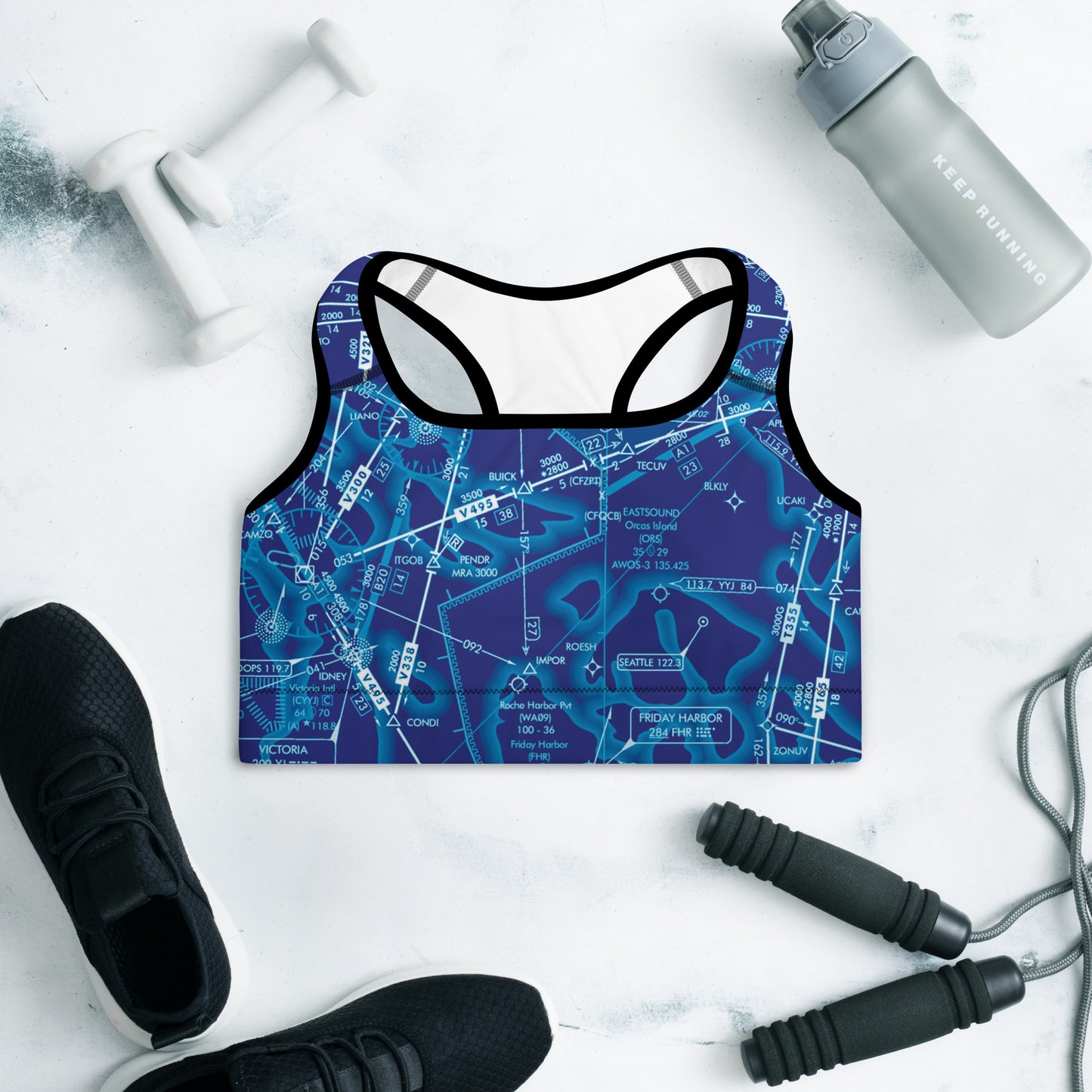 Aeronautical Chart Padded Sports Bra (ELUS1/blue)