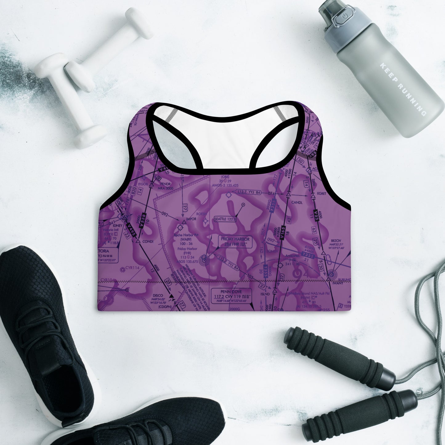 Aeronautical Chart Padded Sports Bra (ELUS1/purple)
