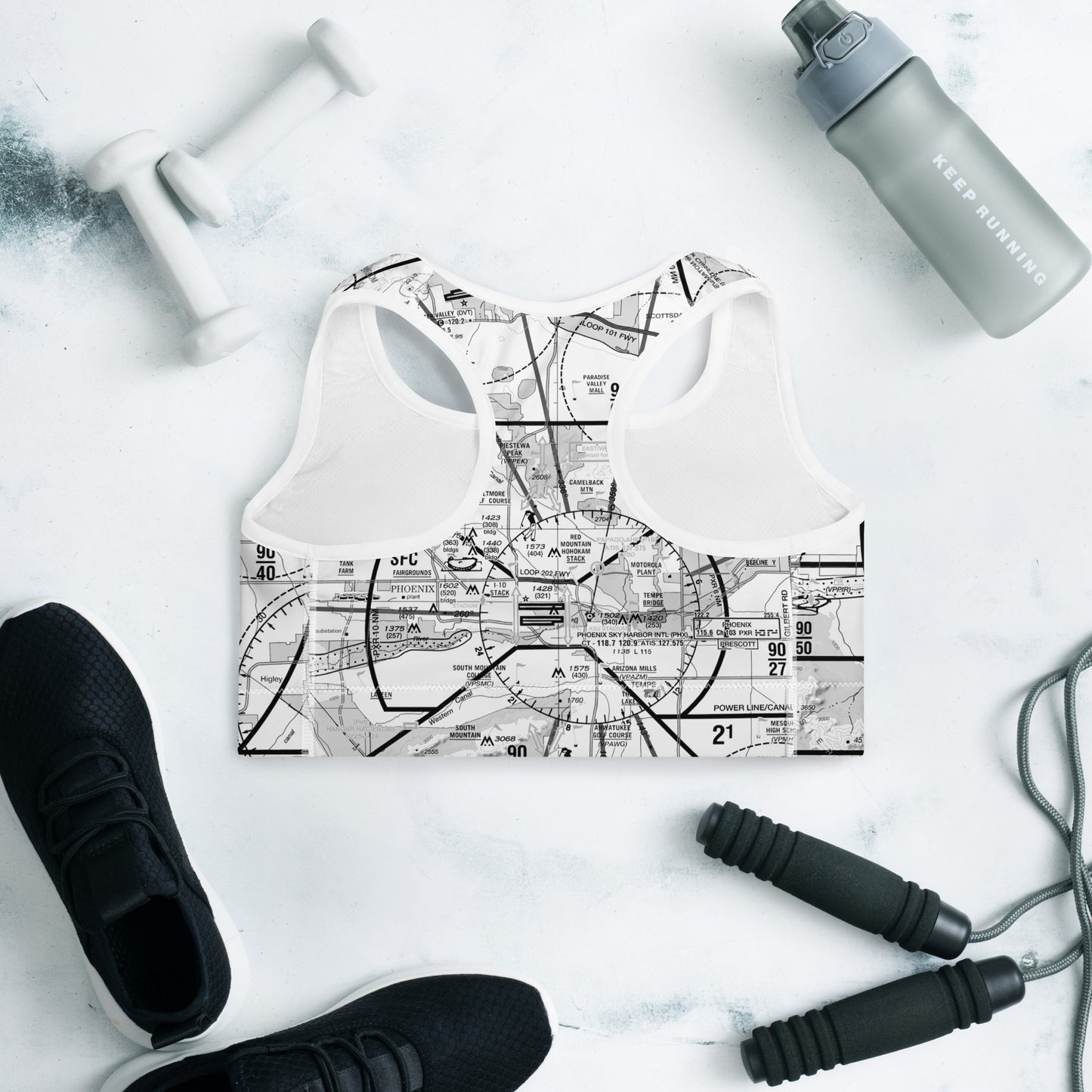 Aeronautical Chart padded sports bra (PHX/b&w)