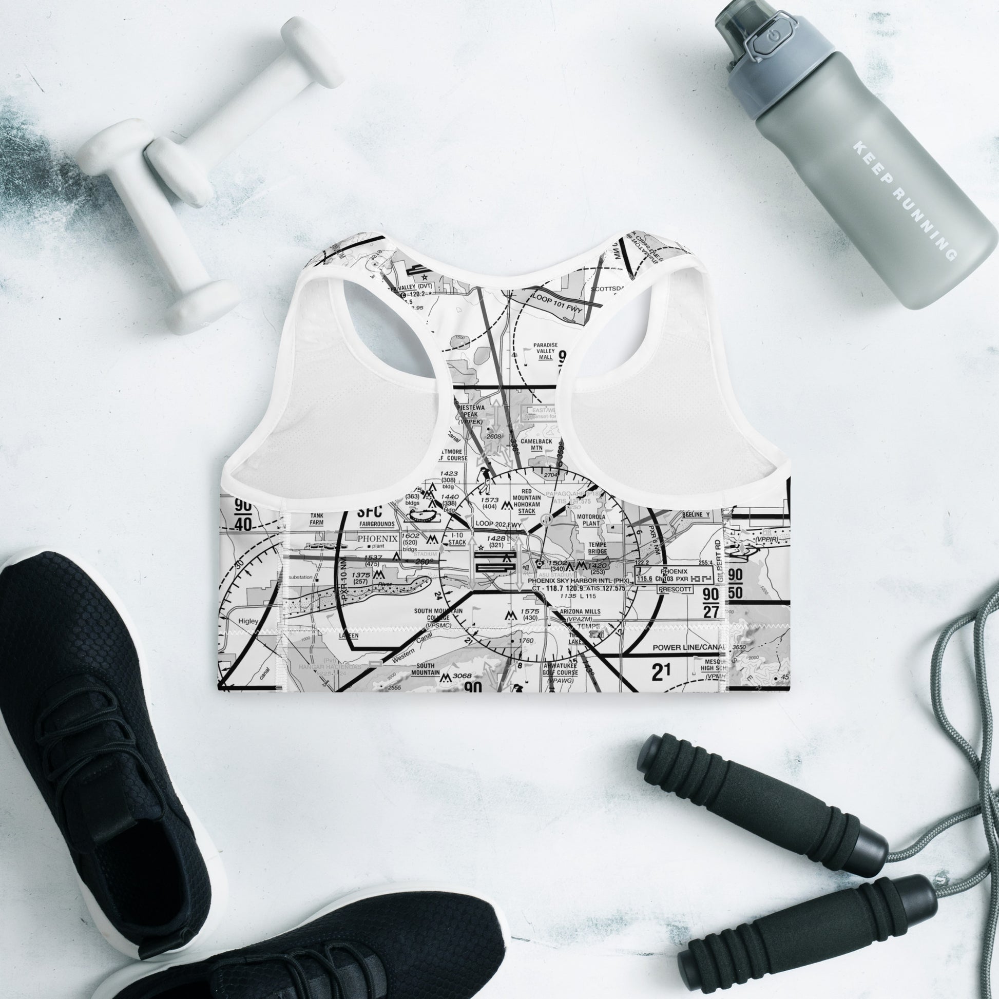 Aeronautical Chart padded sports bra (PHX/b&w)