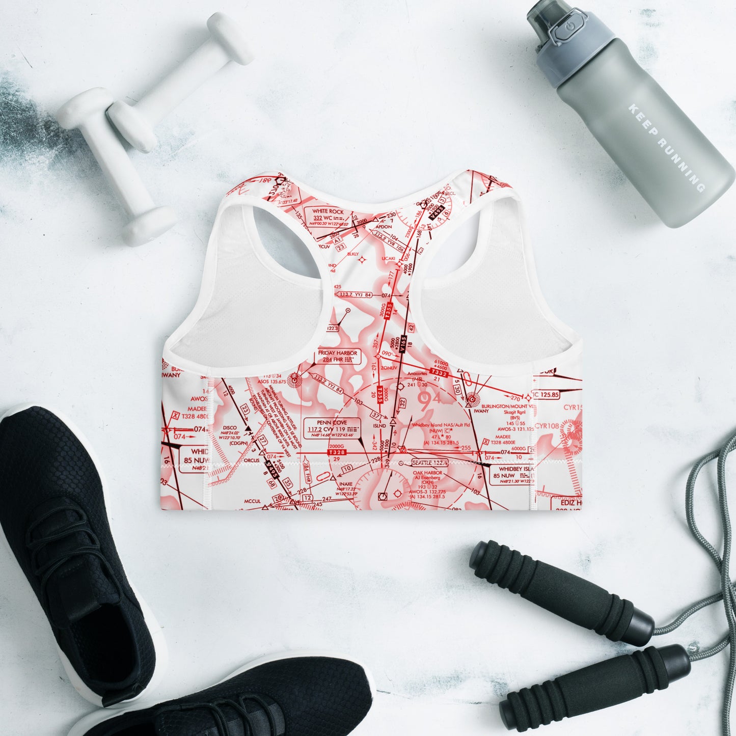 Aeronautical Chart Padded Sports Bra (red&white)