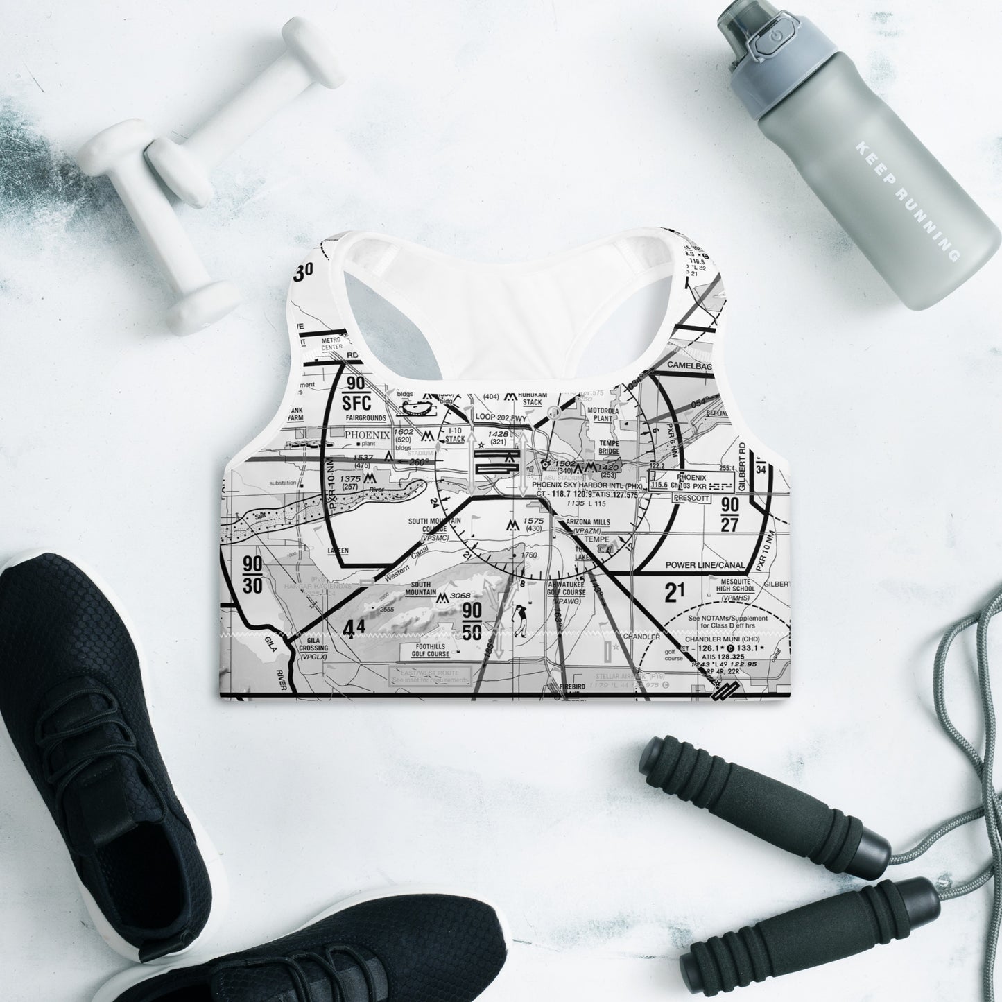 Aeronautical Chart padded sports bra (PHX/b&w)