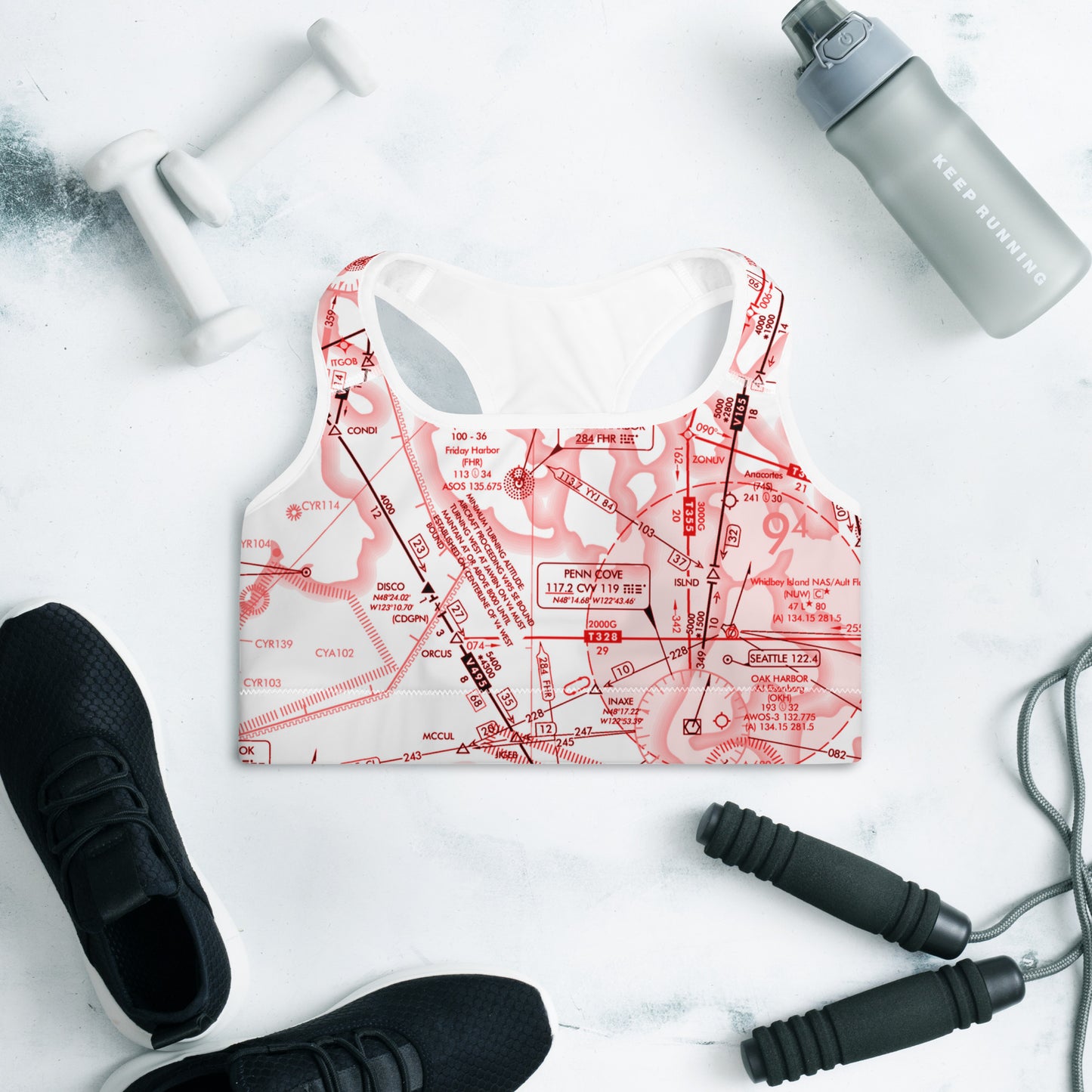 Aeronautical Chart padded sports bra (ELUS1/red&white)