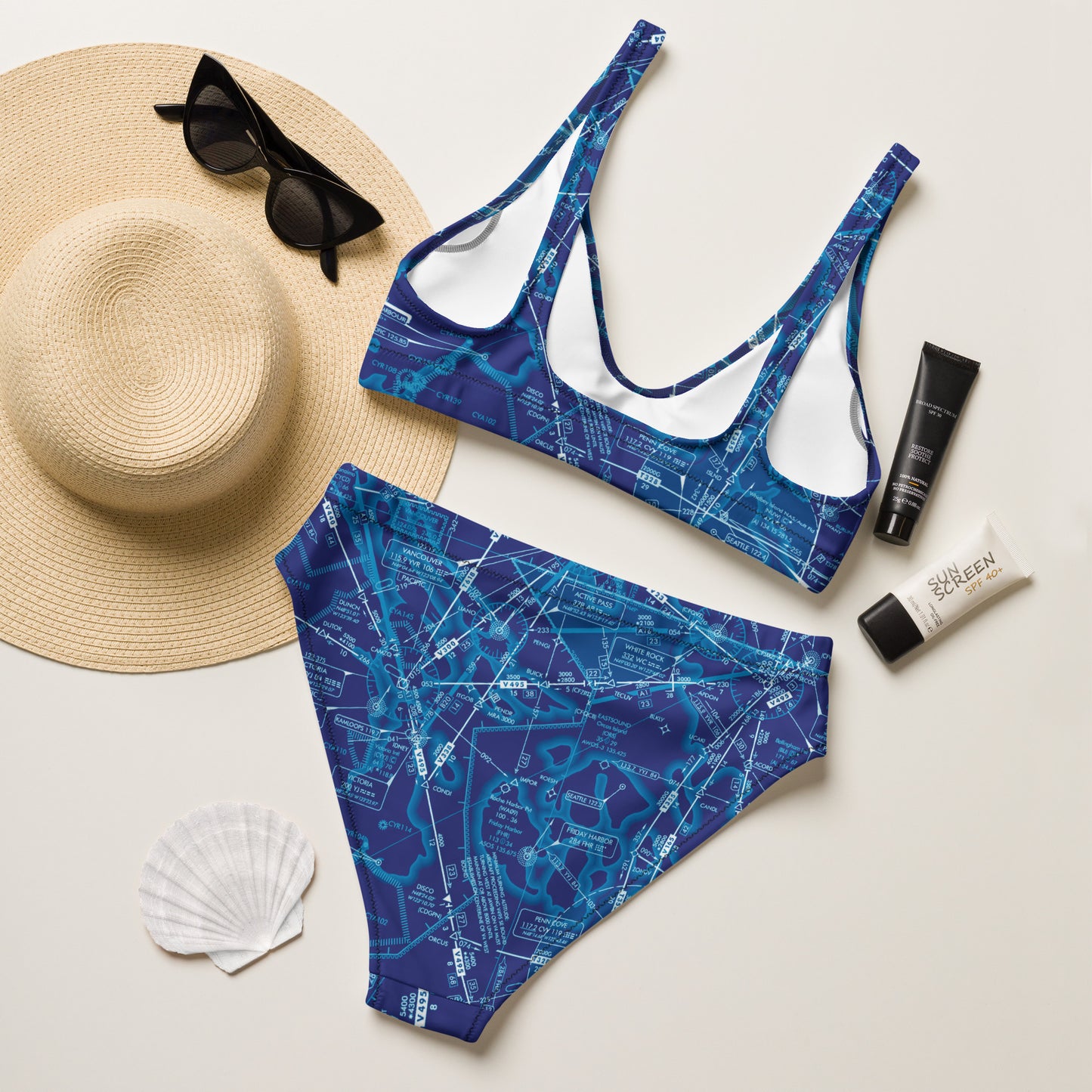 Enroute Low Altitude Chart recycled high-waisted bikini (blue)