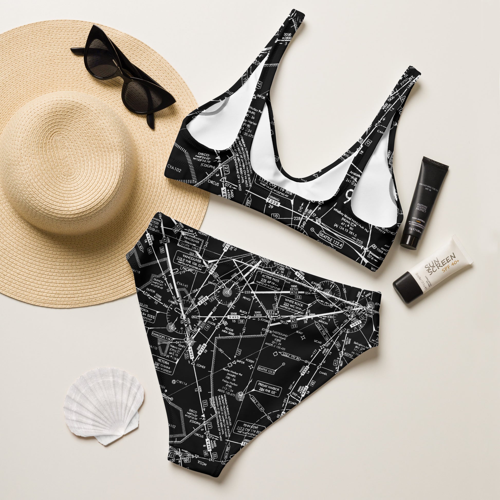 Enroute Low Altitude Chart recycled high-waisted bikini (black)