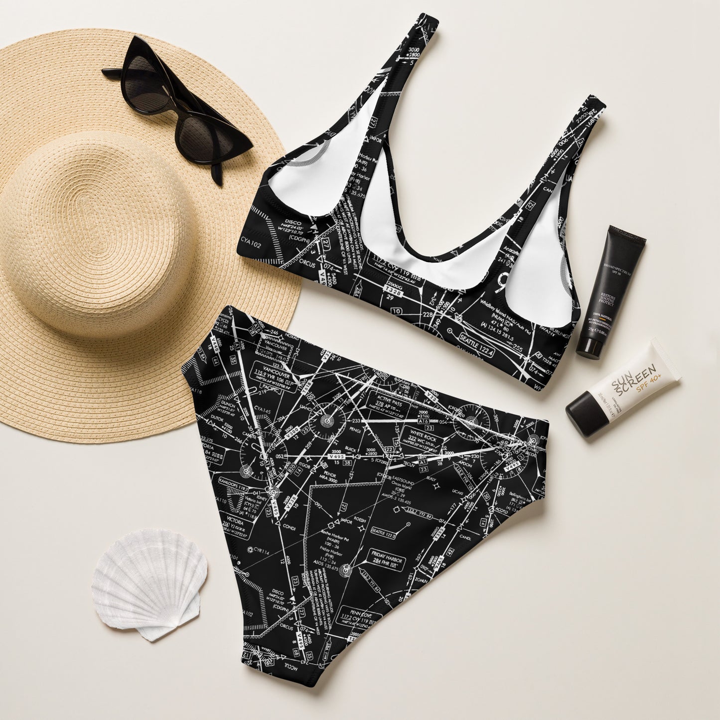 Enroute Low Altitude Chart recycled high-waisted bikini (black)