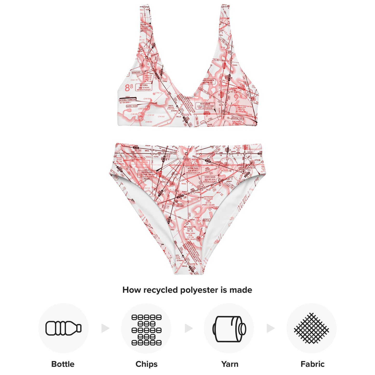 Enroute Low Altitude Chart recycled high-waisted bikini (red&white)