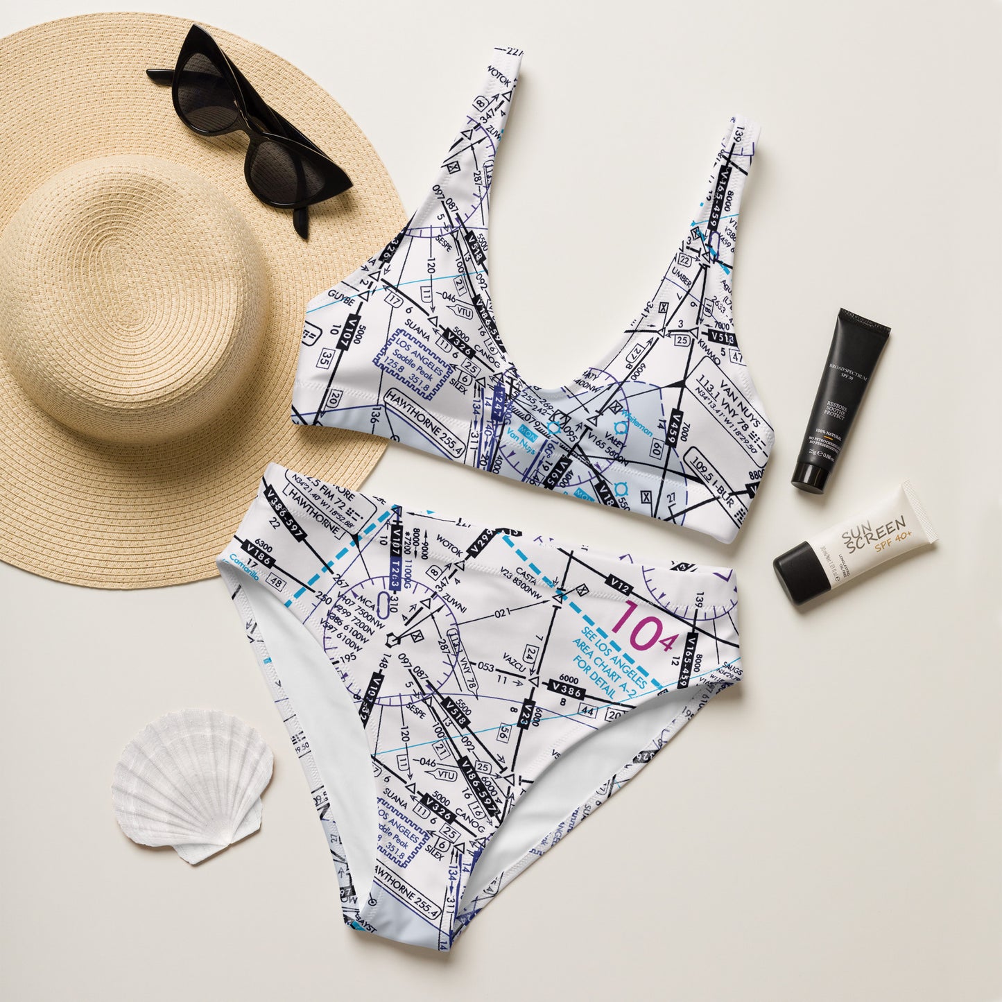 Enroute Low Altitude Chart recycled high-waisted bikini (white)