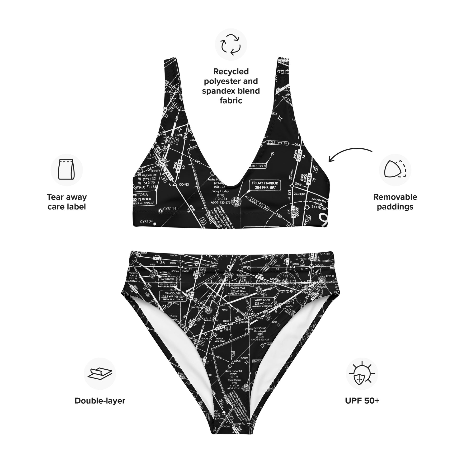 Enroute Low Altitude Chart recycled high-waisted bikini (black)
