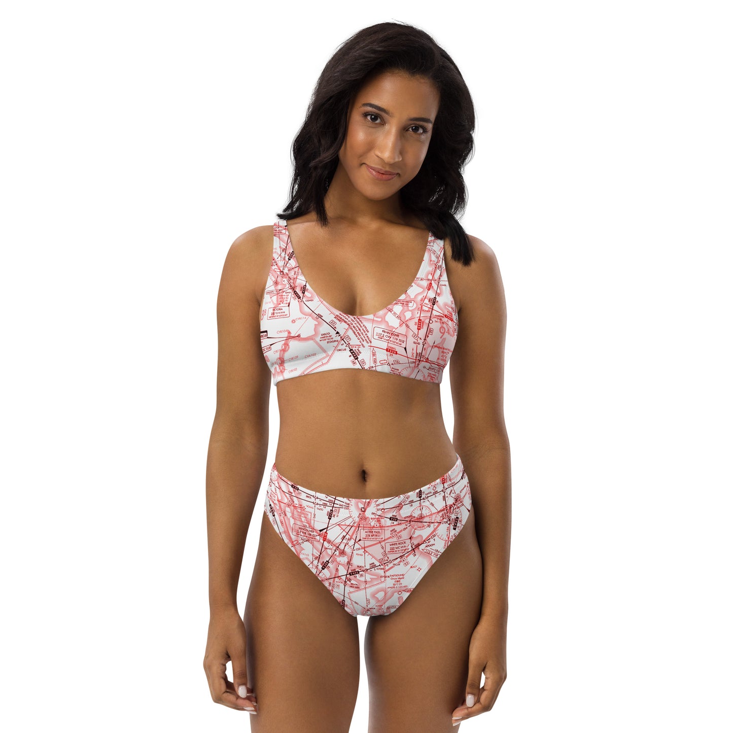 Enroute Low Altitude Chart recycled high-waisted bikini (red&white)