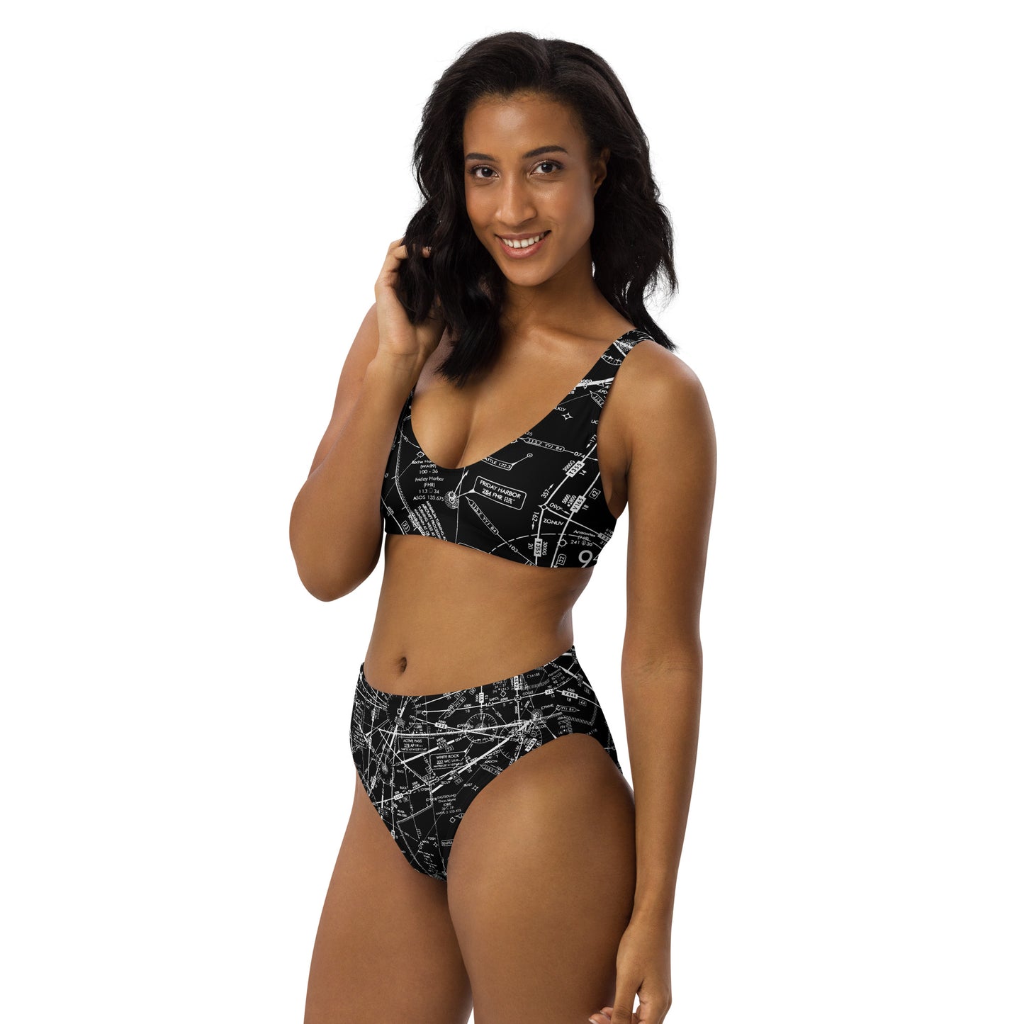 Enroute Low Altitude Chart recycled high-waisted bikini (black)