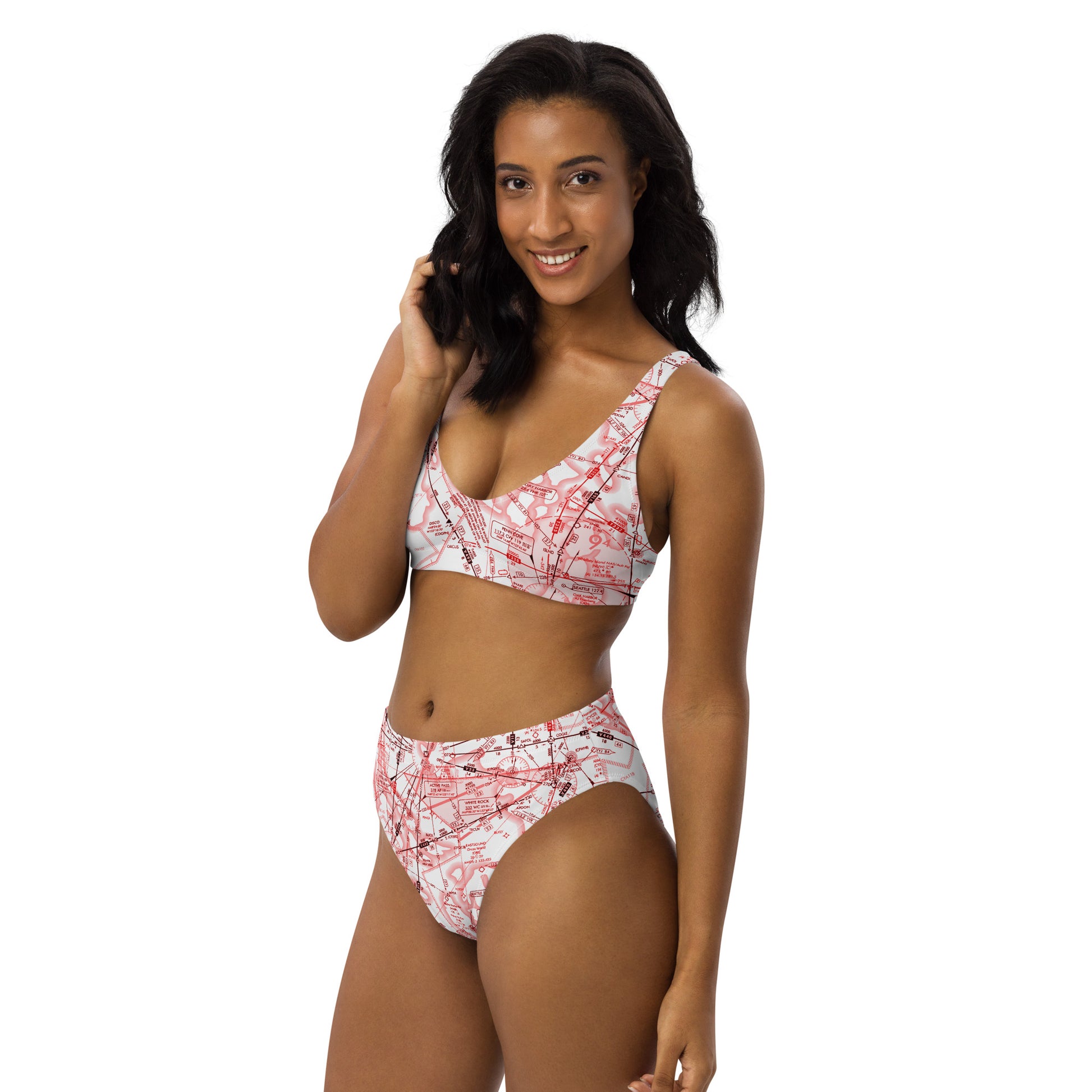 Enroute Low Altitude Chart recycled high-waisted bikini (red&white)