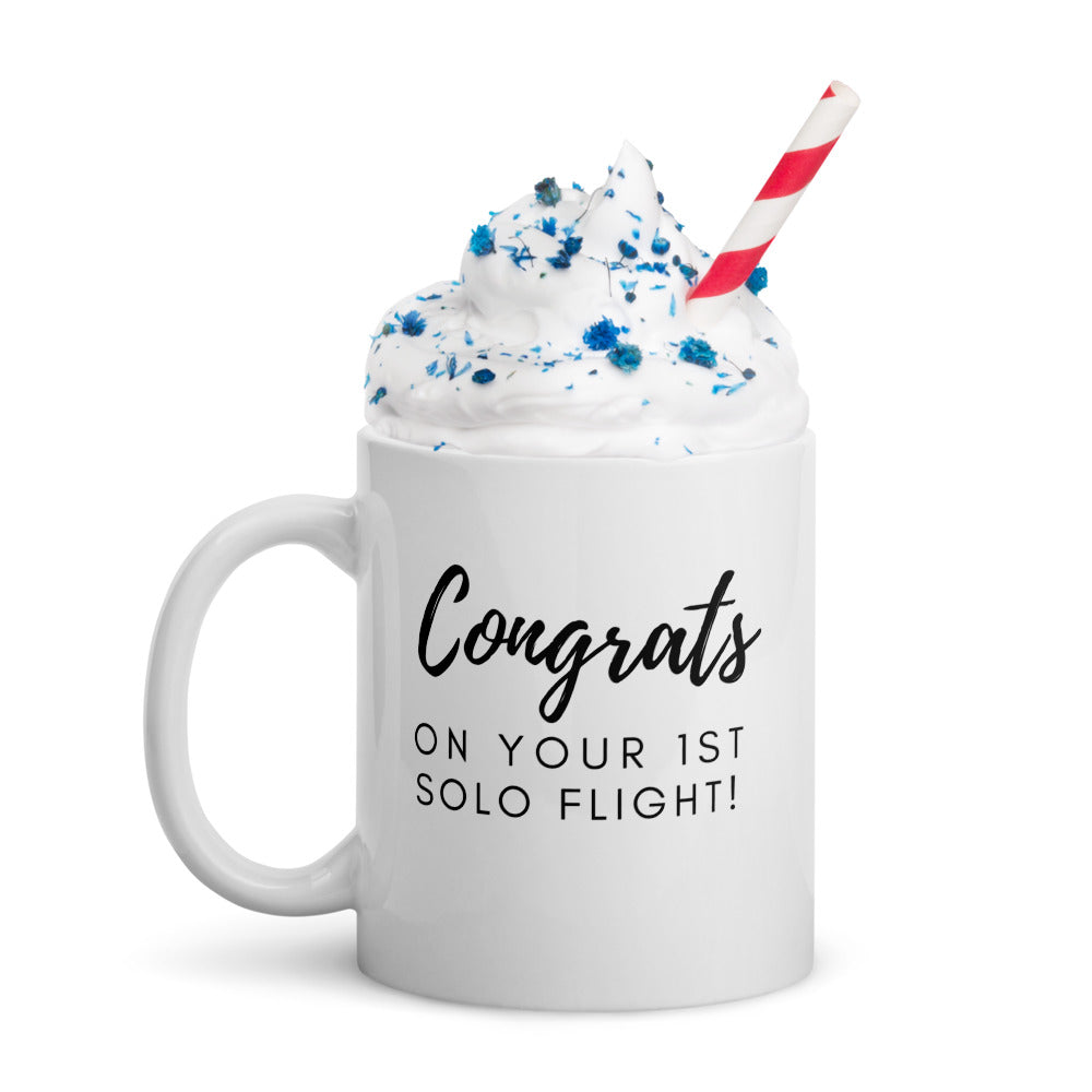 Congrats on your 1st solo flight - white glossy 11oz mug with black text