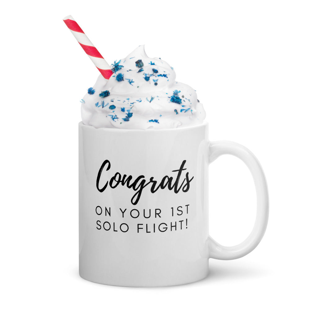 Congrats on your 1st solo flight - white glossy 11oz mug with black text