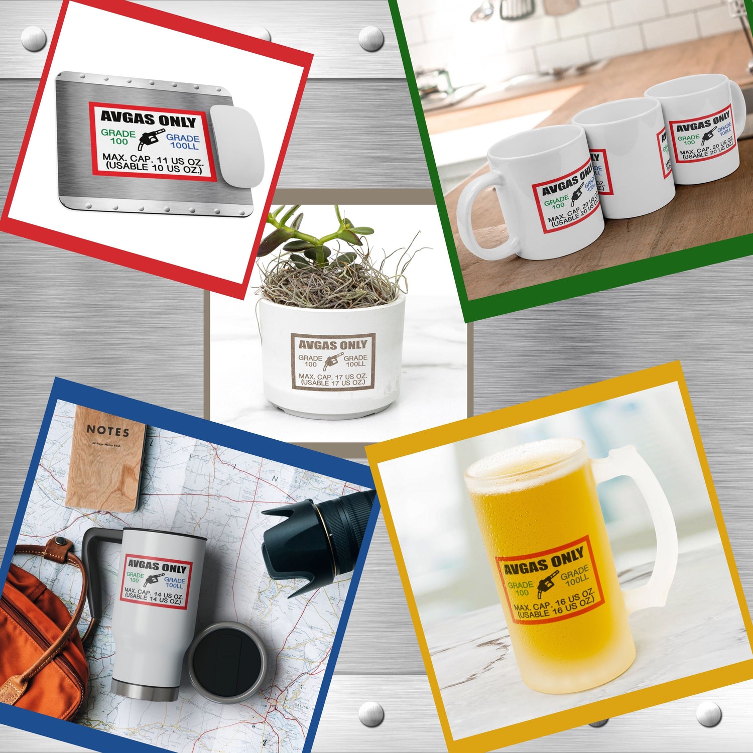 AVGAS 100LL fuel only drinkware, tote bag and mouse pad.
