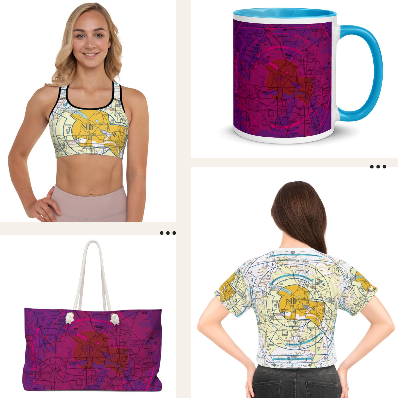 Various products featuring the Dallas Ft. Worth Flyway Chart (DWF)