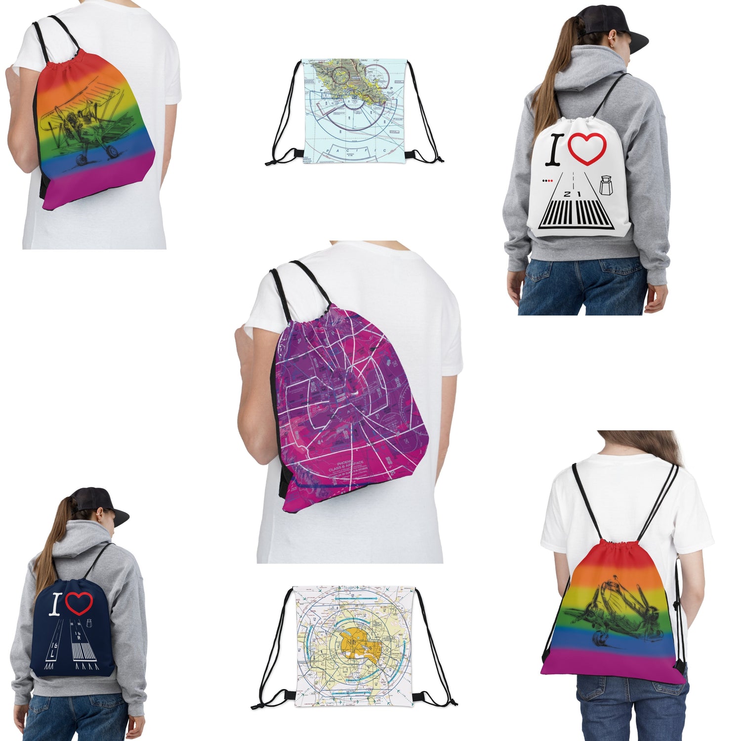 Aviation themed colorful drawstring bags