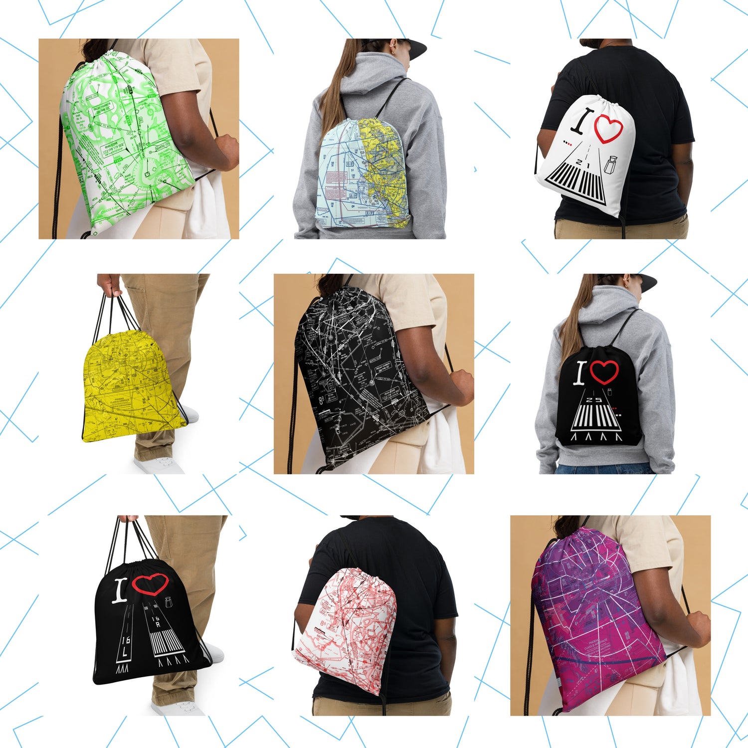 Aviation themed colorful drawstring bags made from 100% polyester.