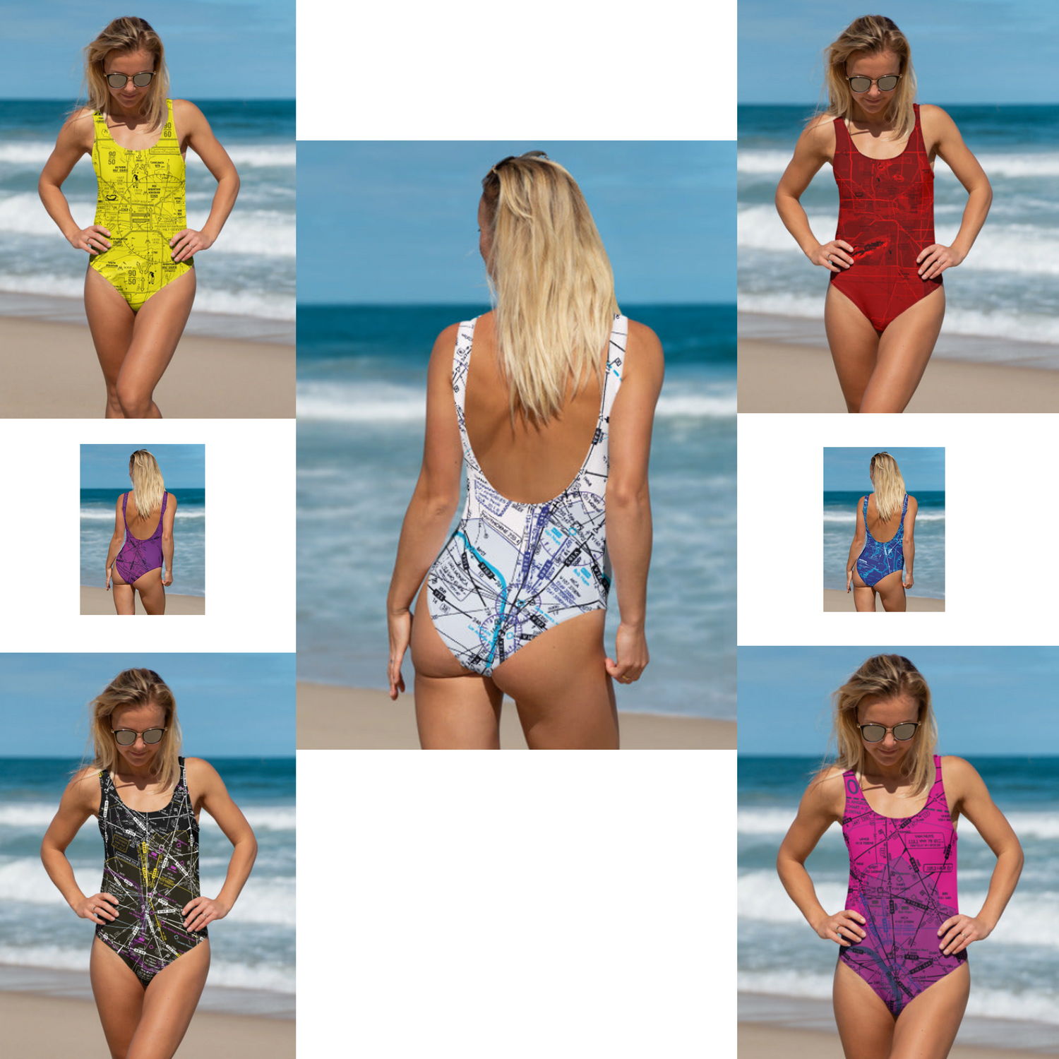 Aviation themed colorful one-piece swimsuits