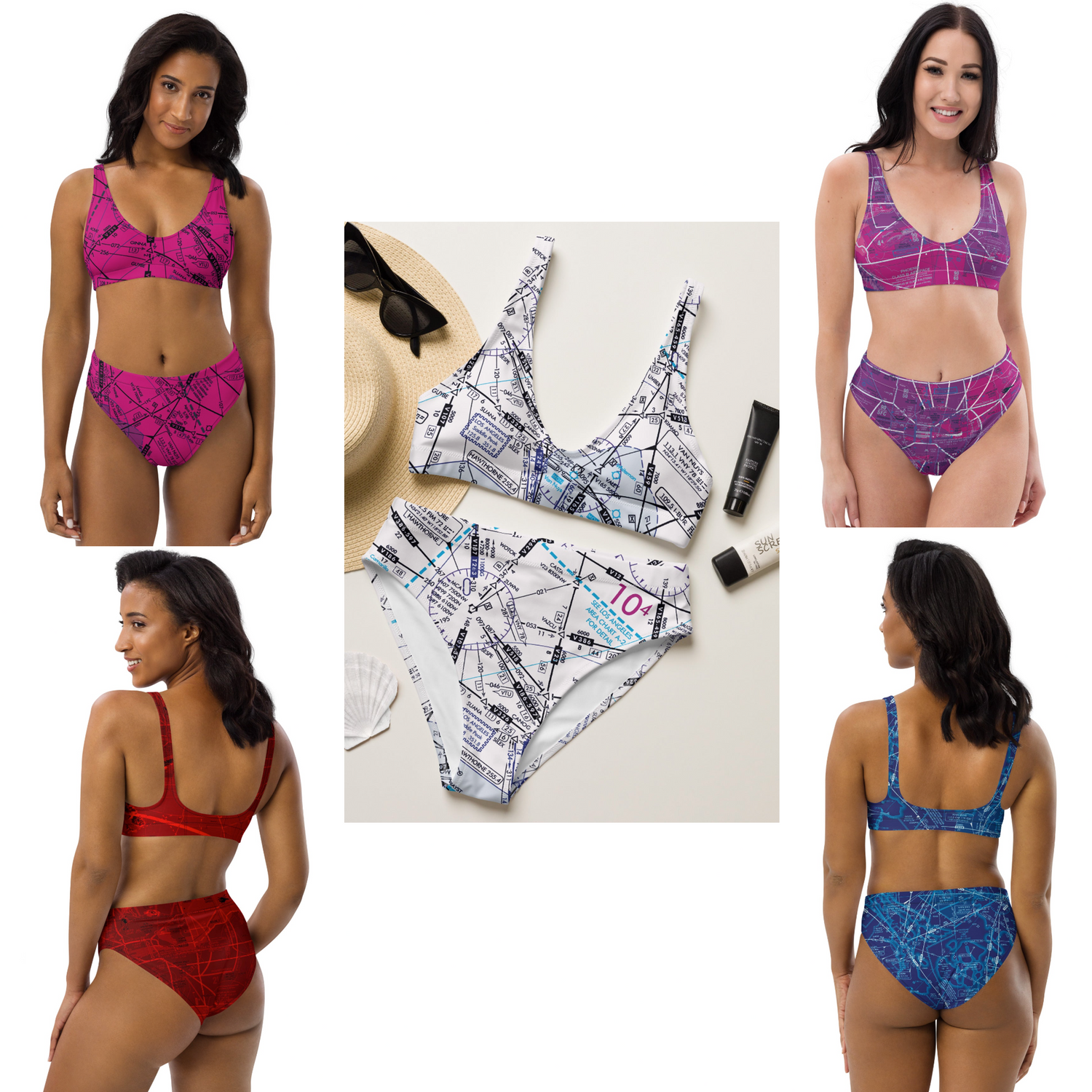 Aviation themed colorful high-waisted recycled bikinis