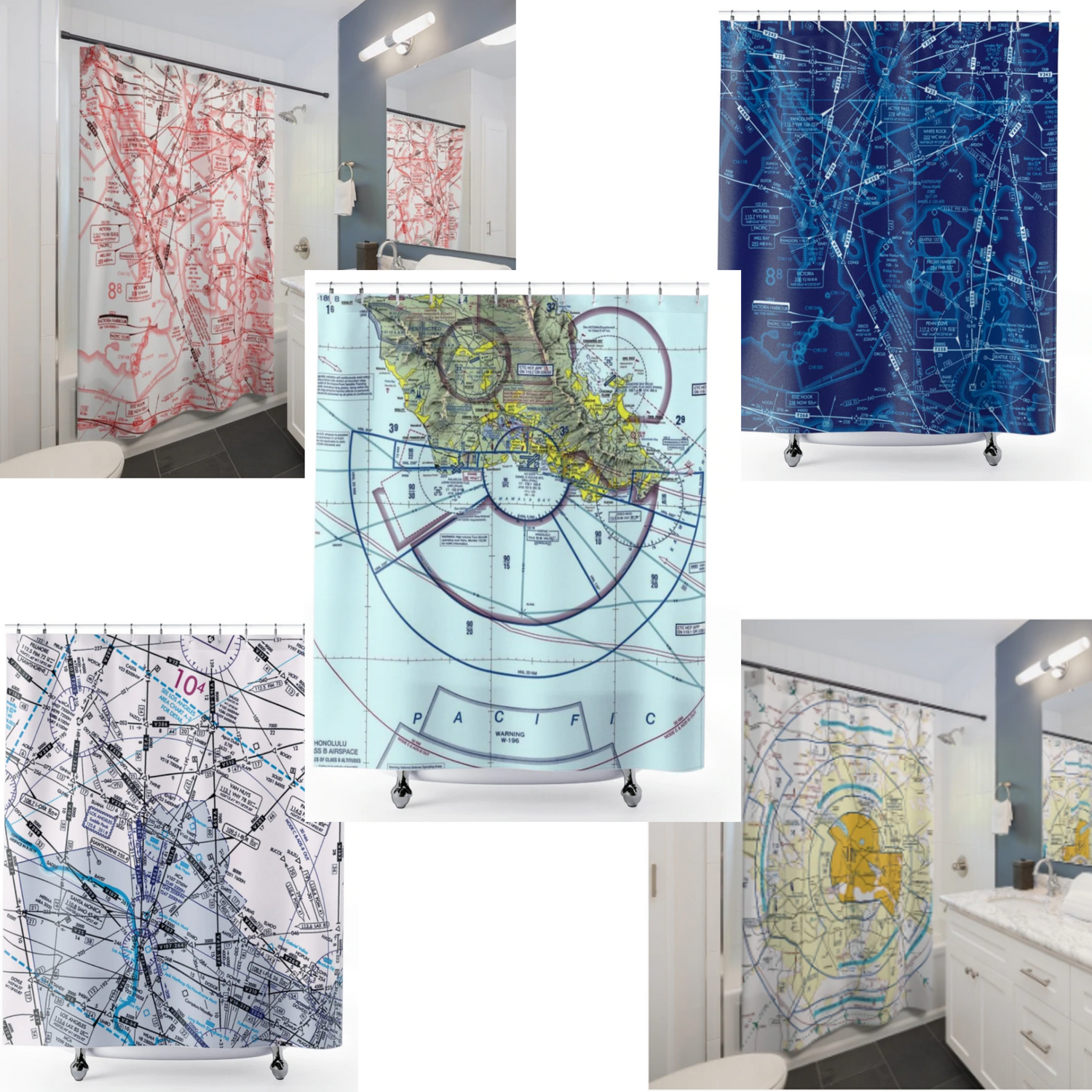 Aviation themed colorful 71"x 74" polyester shower curtains