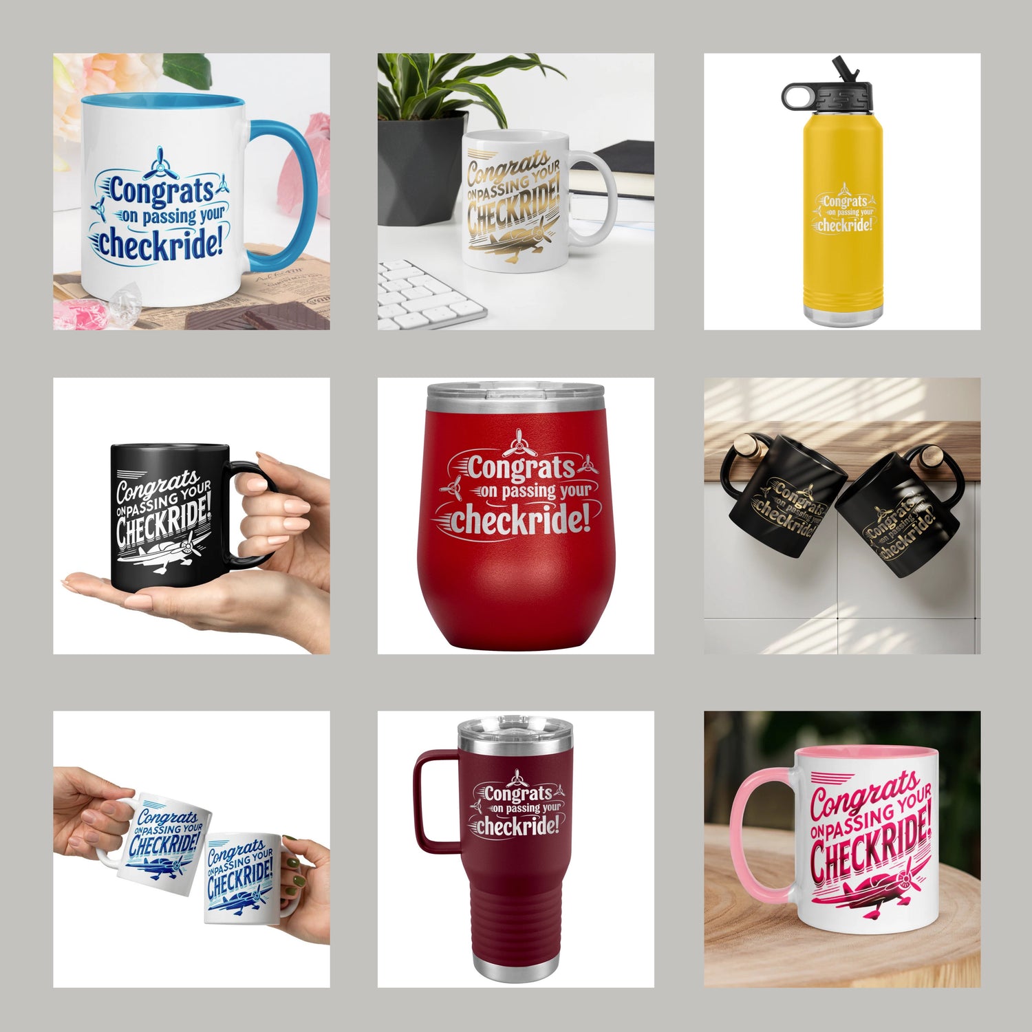 Various drinkware gifts for your pilot's checkride pass.