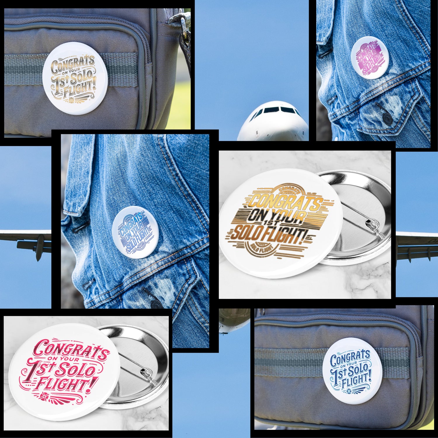 Durable metal shell, 2.25" diameter pin buttons, perfect keepsake for the proud new solo flyer.
