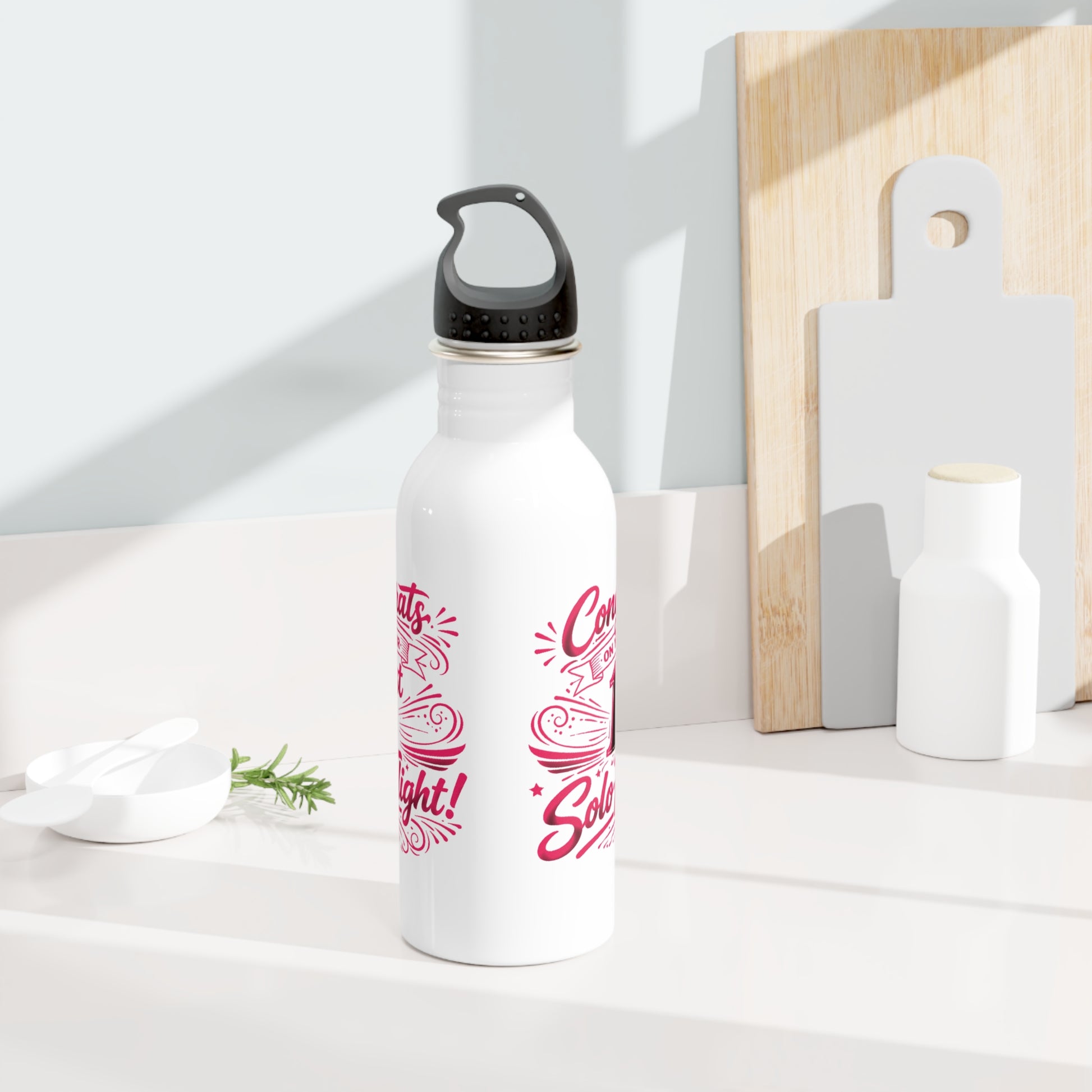Congrats on your 1st Solo Flight! 20 oz. stainless steel water bottle (v3. pink)