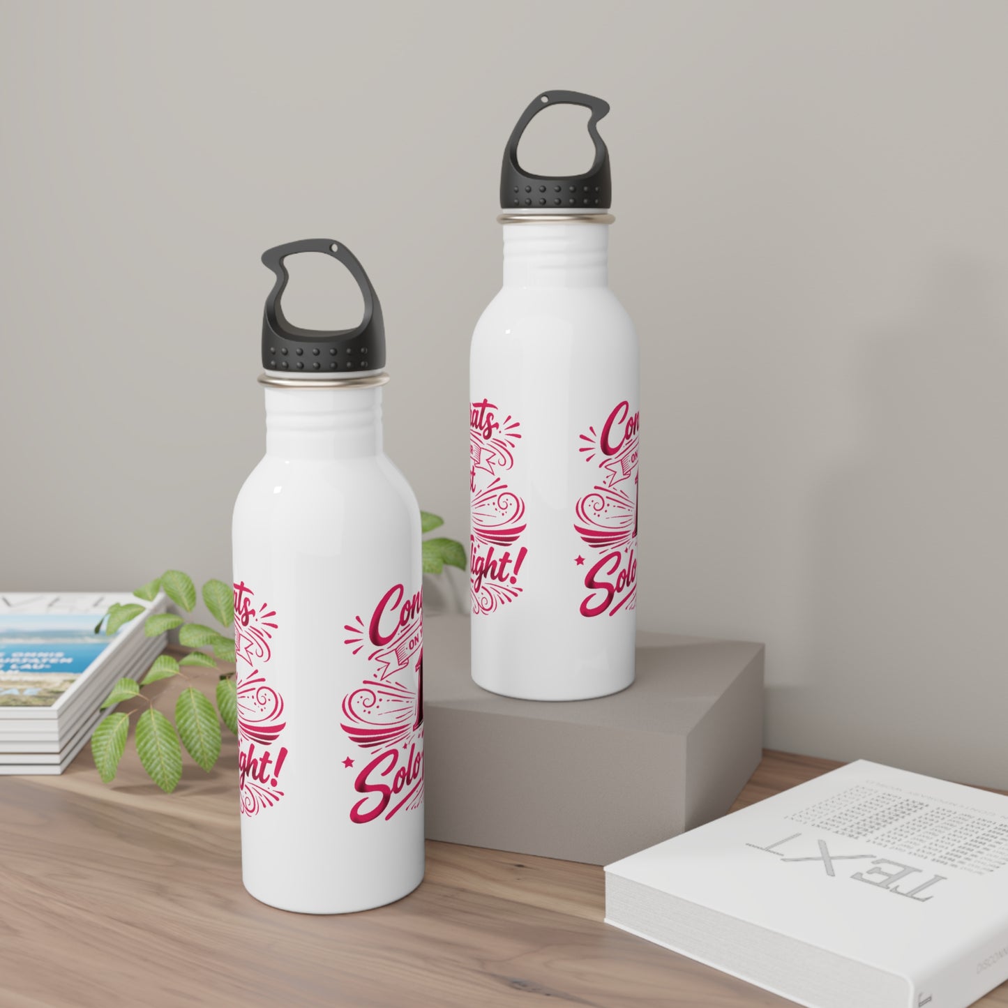 Congrats on your 1st Solo Flight! 20 oz. stainless steel water bottle (v3. pink)