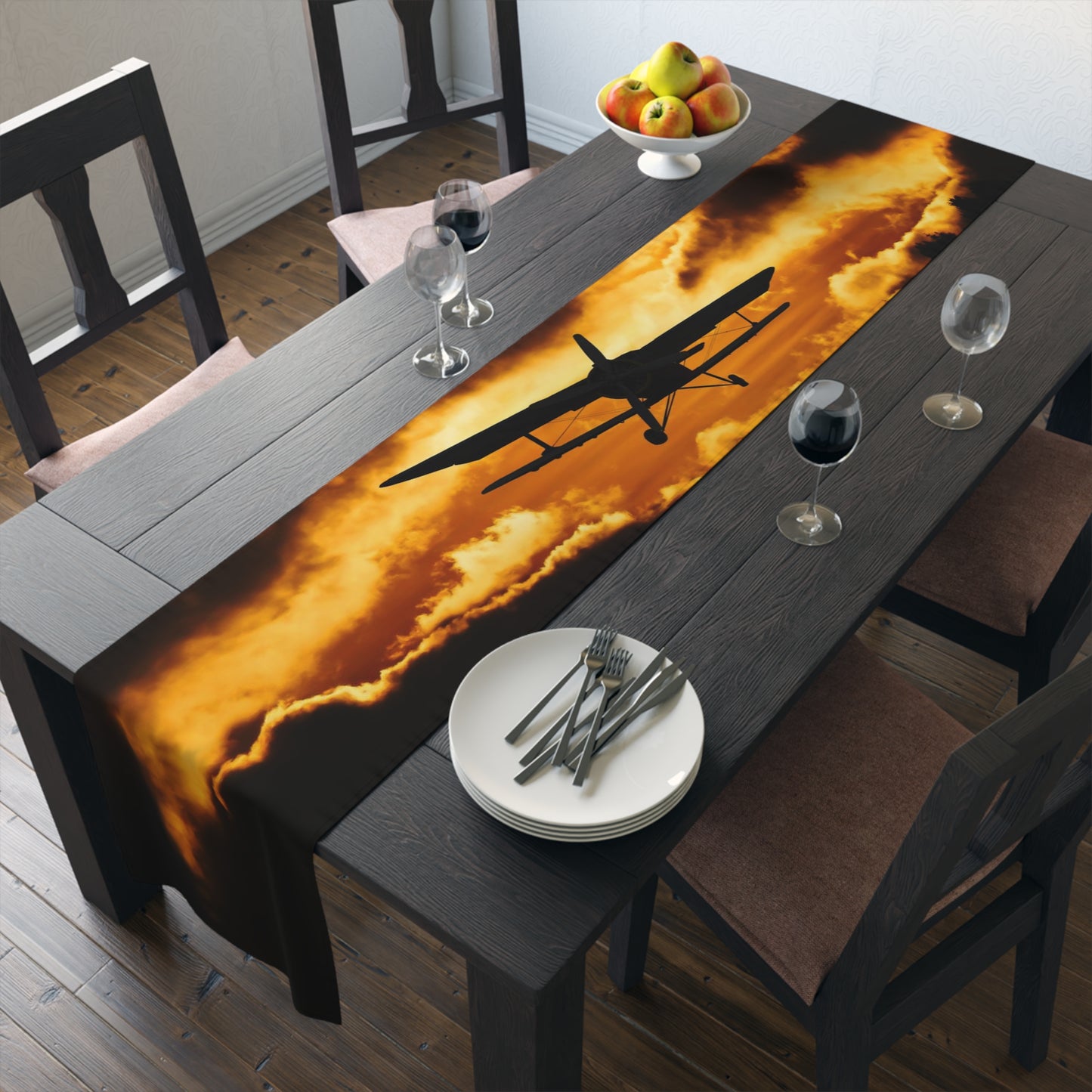 Biplane at Sunset Table Runner