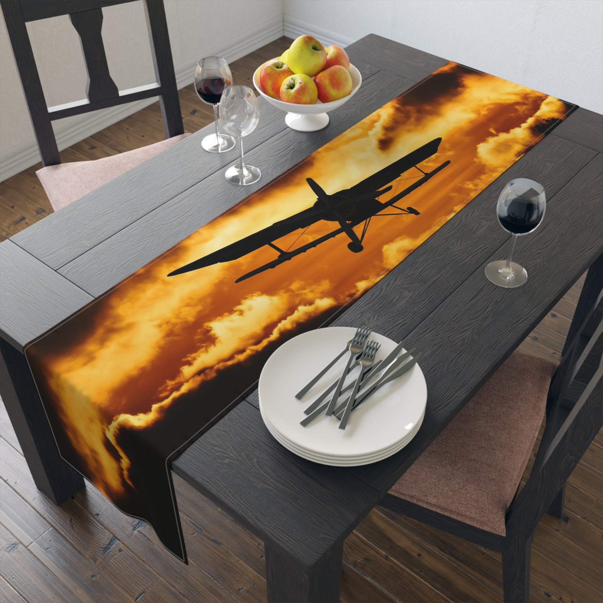 Biplane at Sunset Table Runner