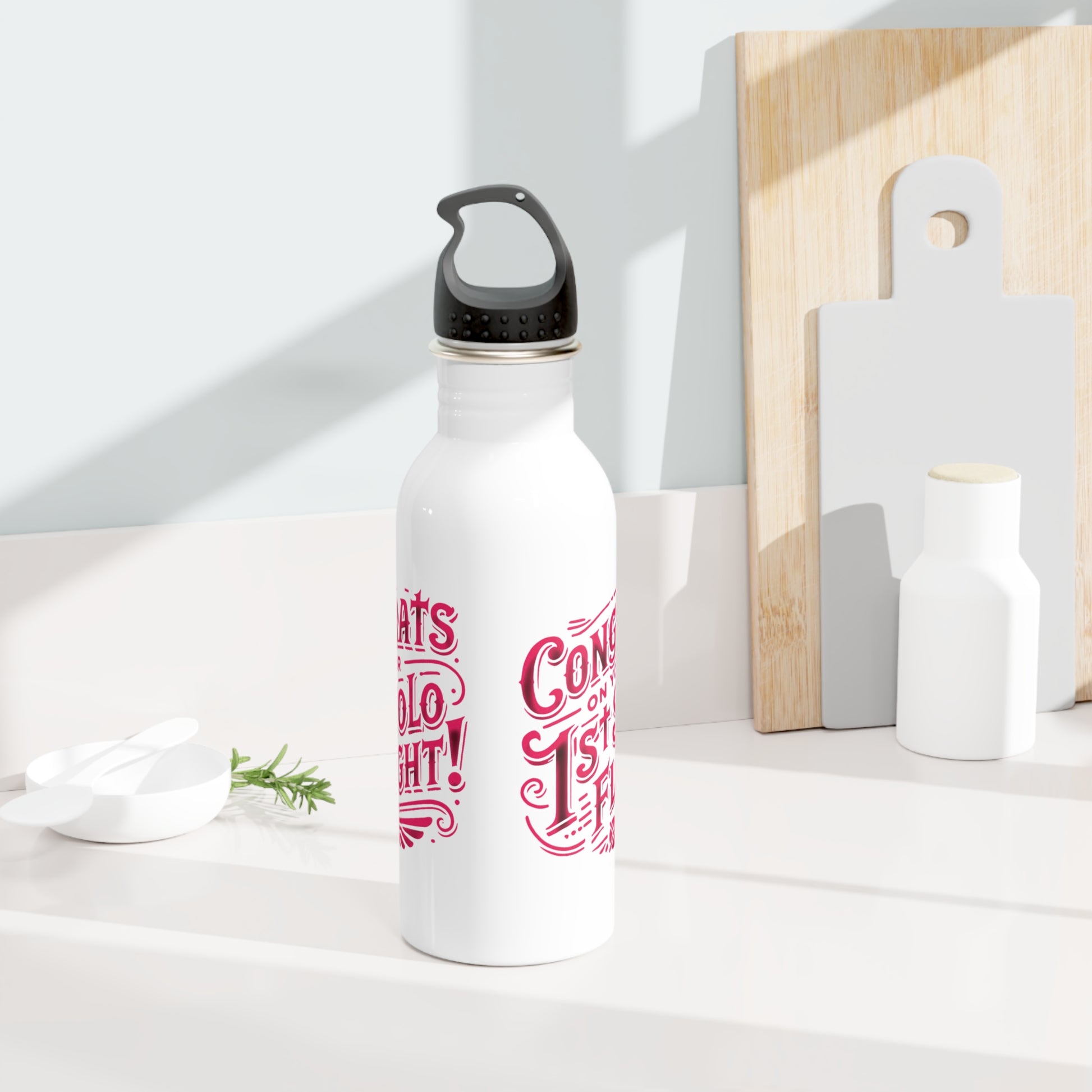Congrats on your 1st Solo Flight! 20 oz. stainless steel water bottle (v1. pink)