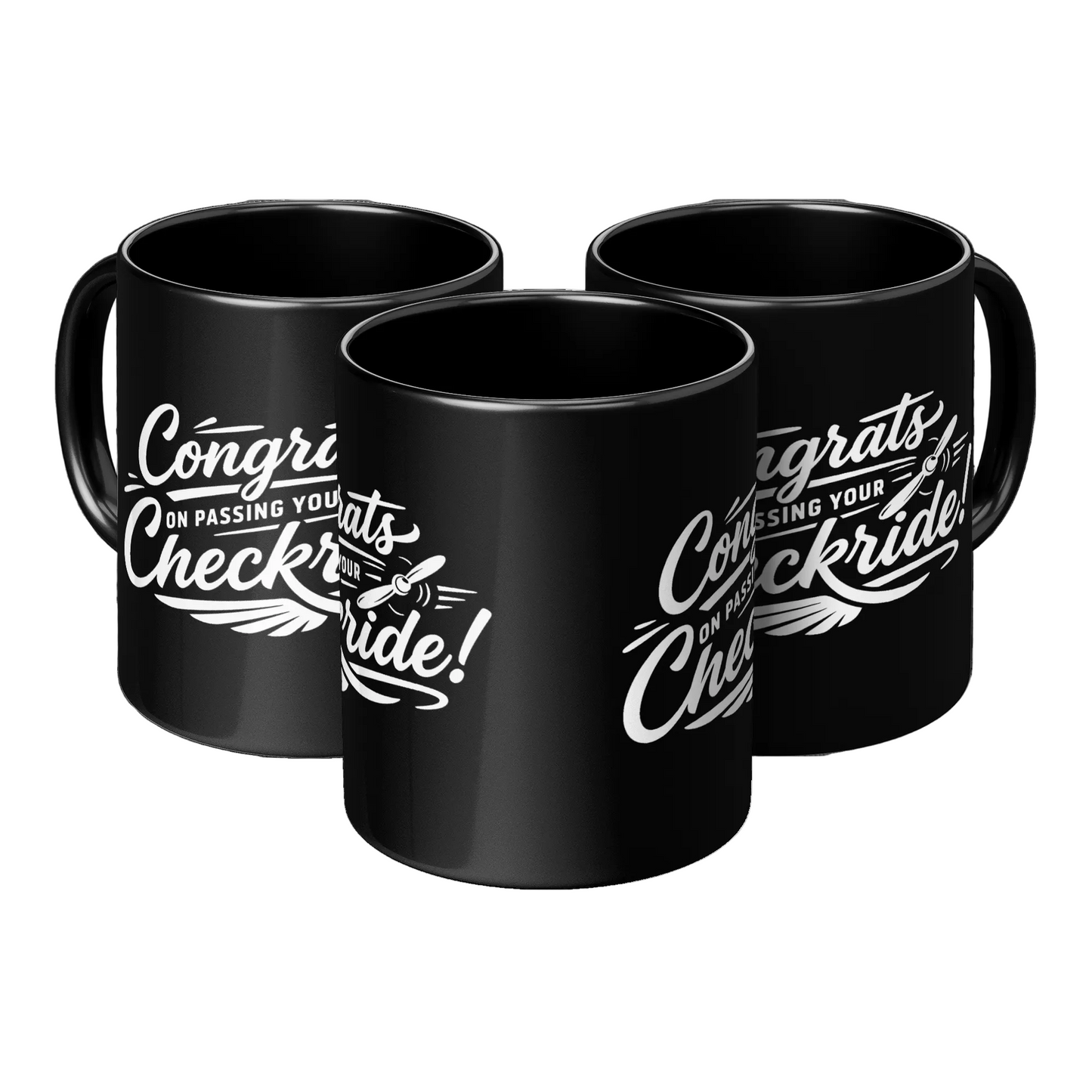 Congrats on passing your checkride! (v4. white) black mug