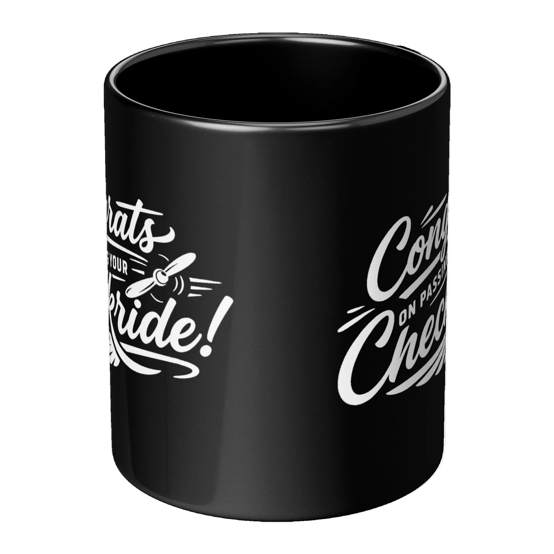 Congrats on passing your checkride! (v4. white) black mug