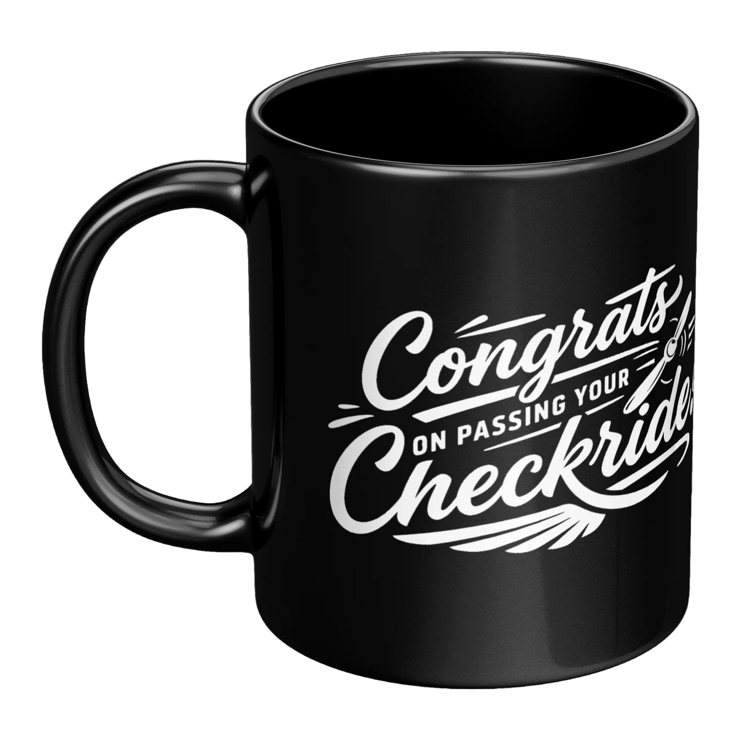 Congrats on passing your checkride! (v4. white) black mug