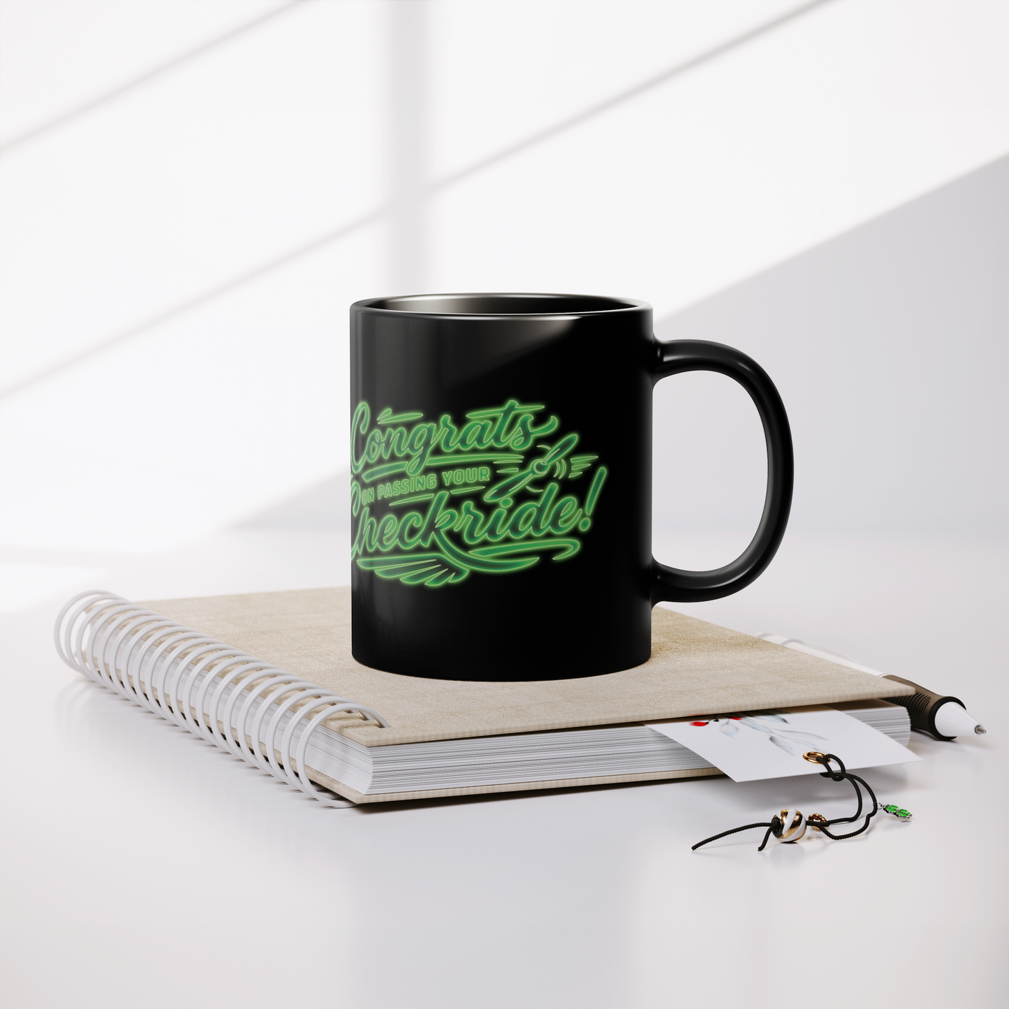 Congrats on passing your checkride! (v4. green) black mug