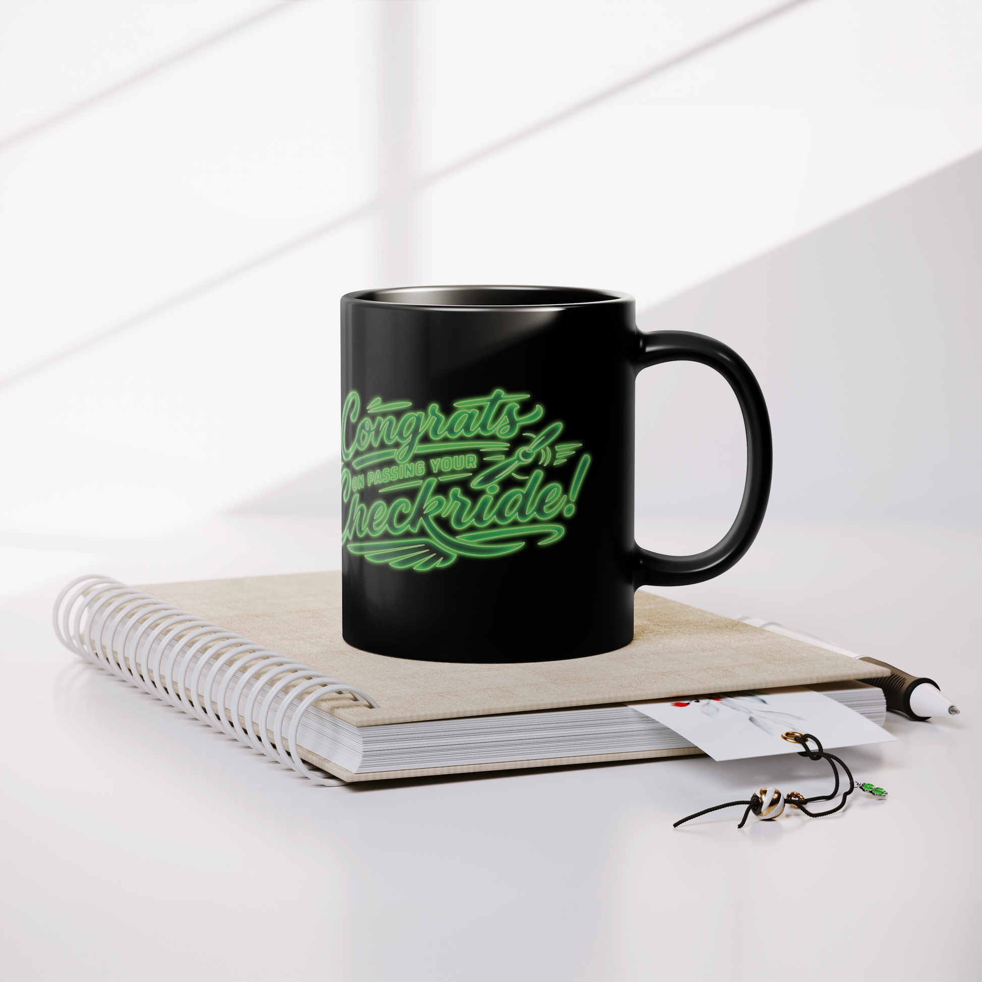 Congrats on passing your checkride! (v4. green) black mug