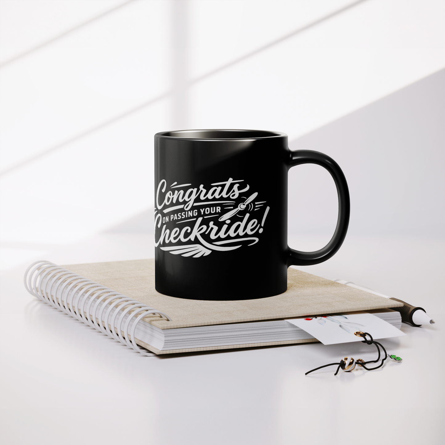 Congrats on passing your checkride! (v4. white) black mug