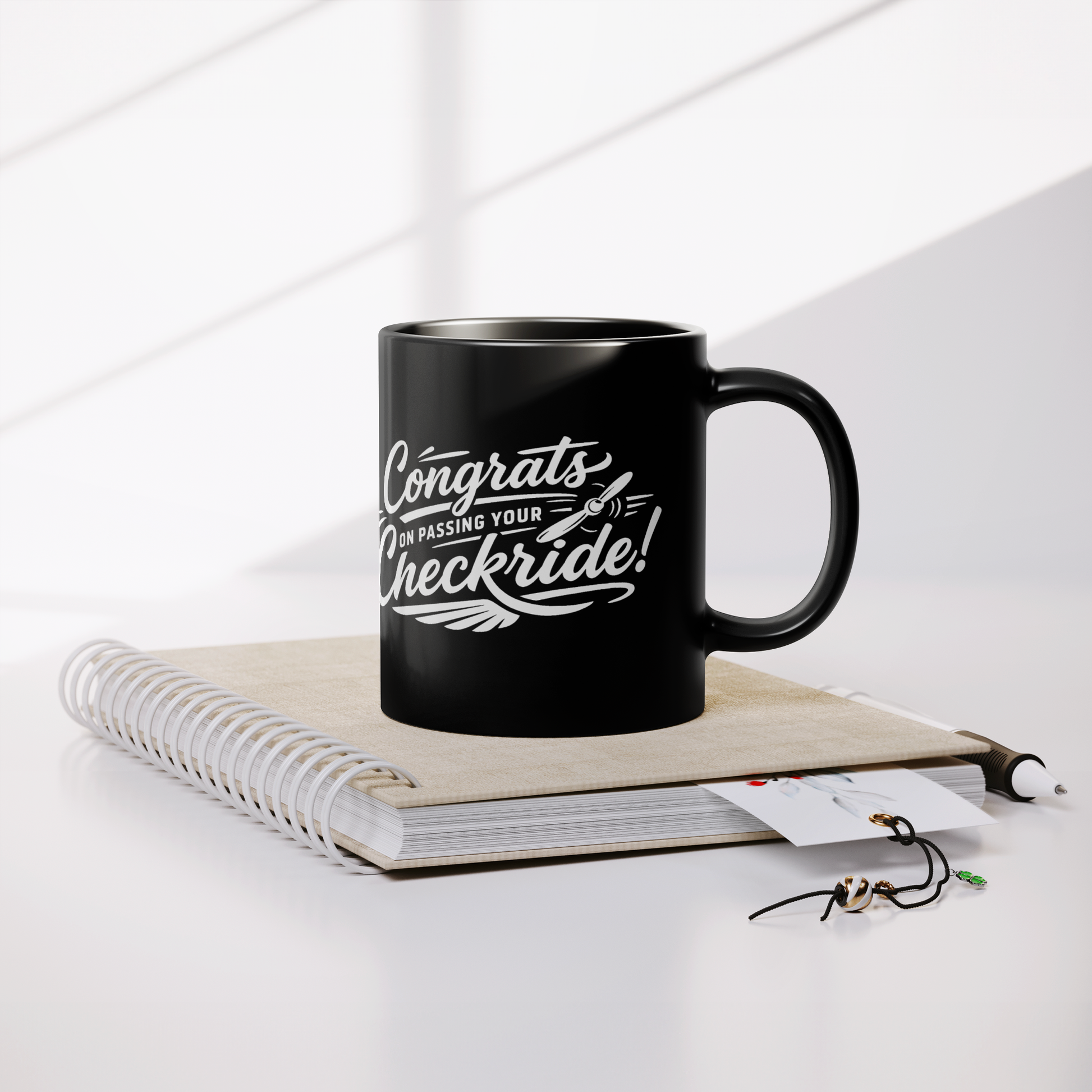 Congrats on passing your checkride! (v4. white) black mug