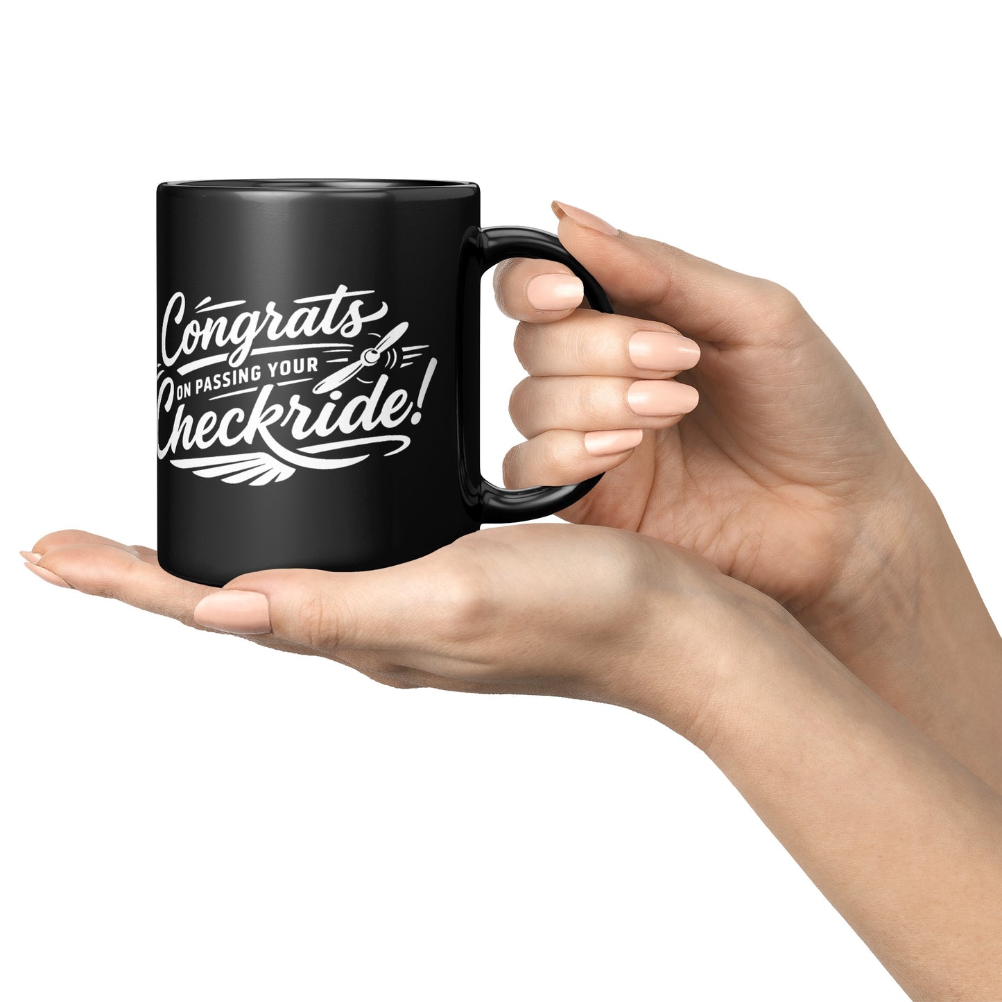 Congrats on passing your checkride! (v4. white) black mug