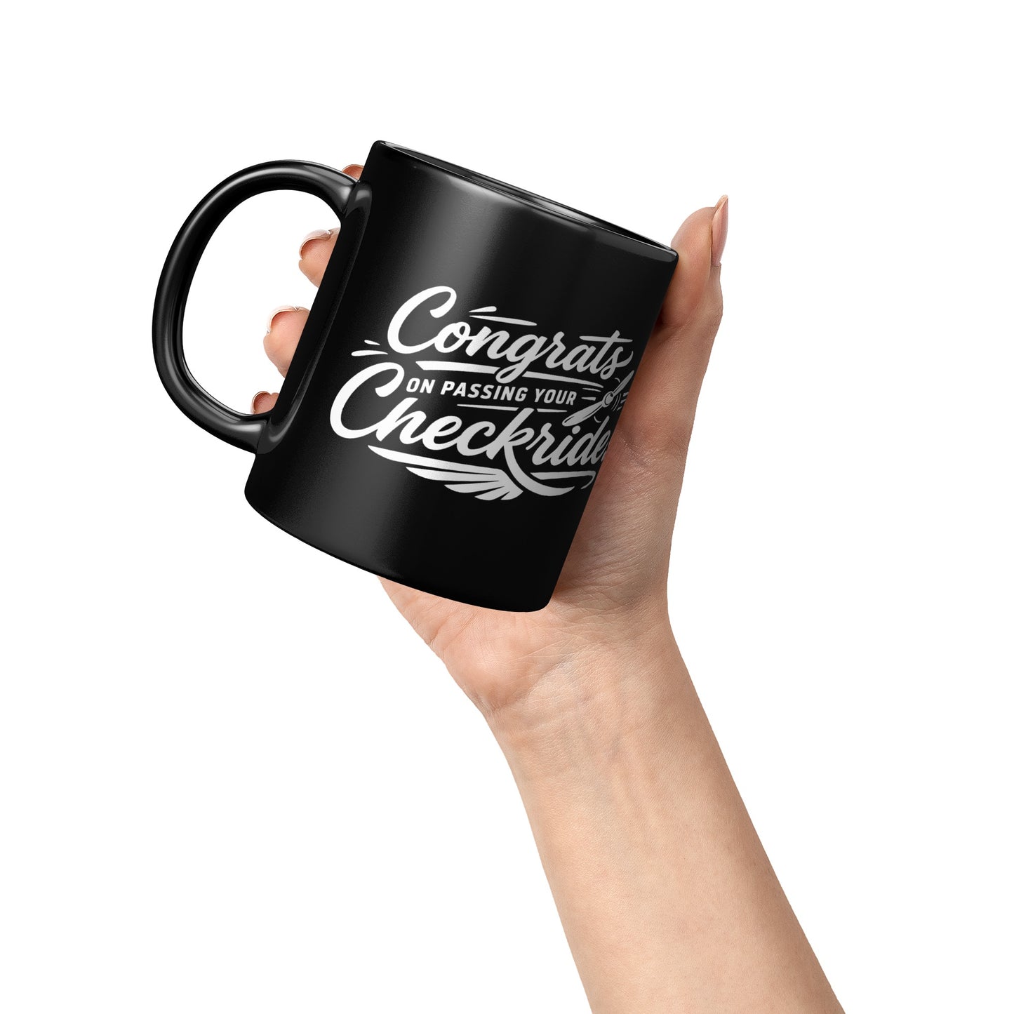 Congrats on passing your checkride! (v4. white) black mug