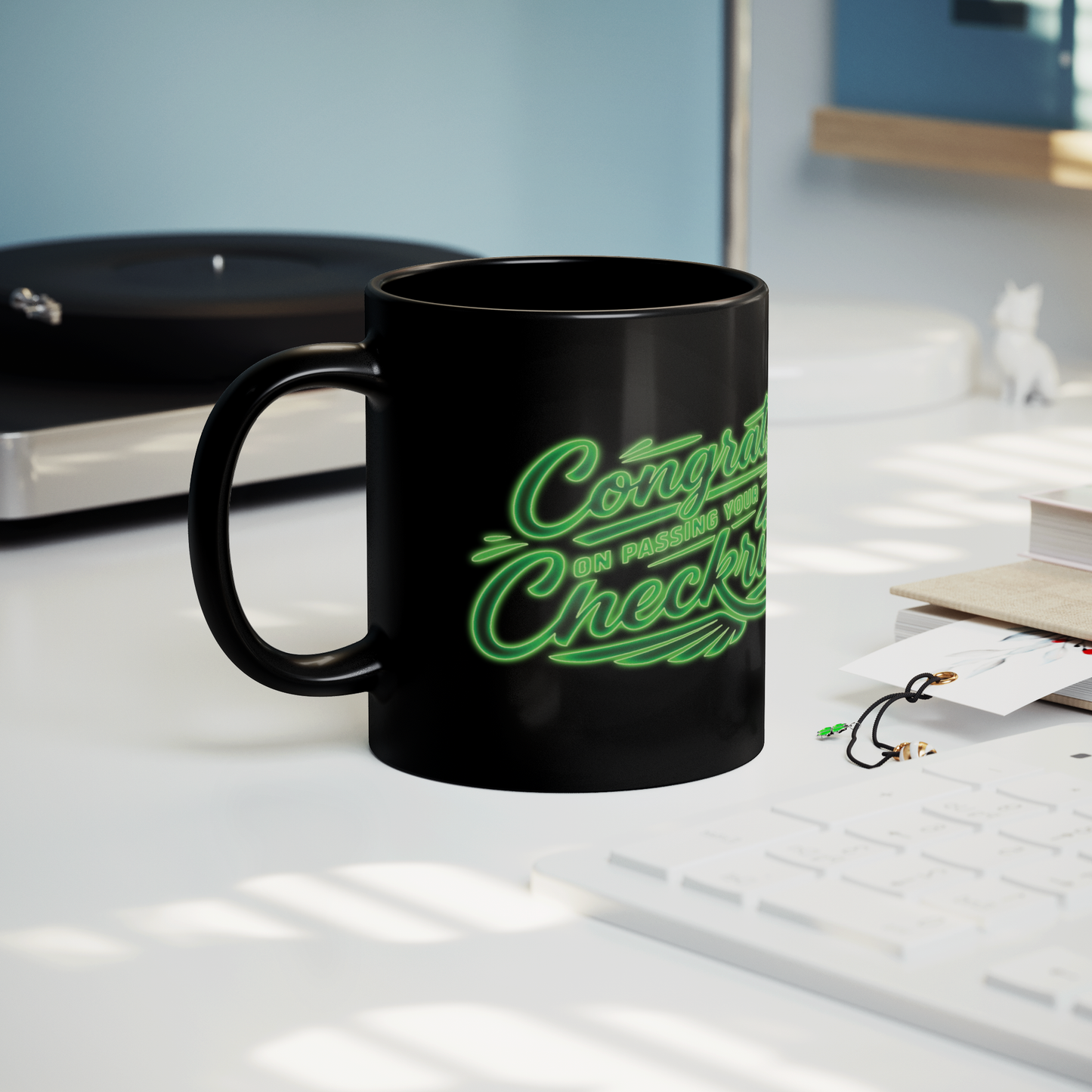 Congrats on passing your checkride! (v4. green) black mug